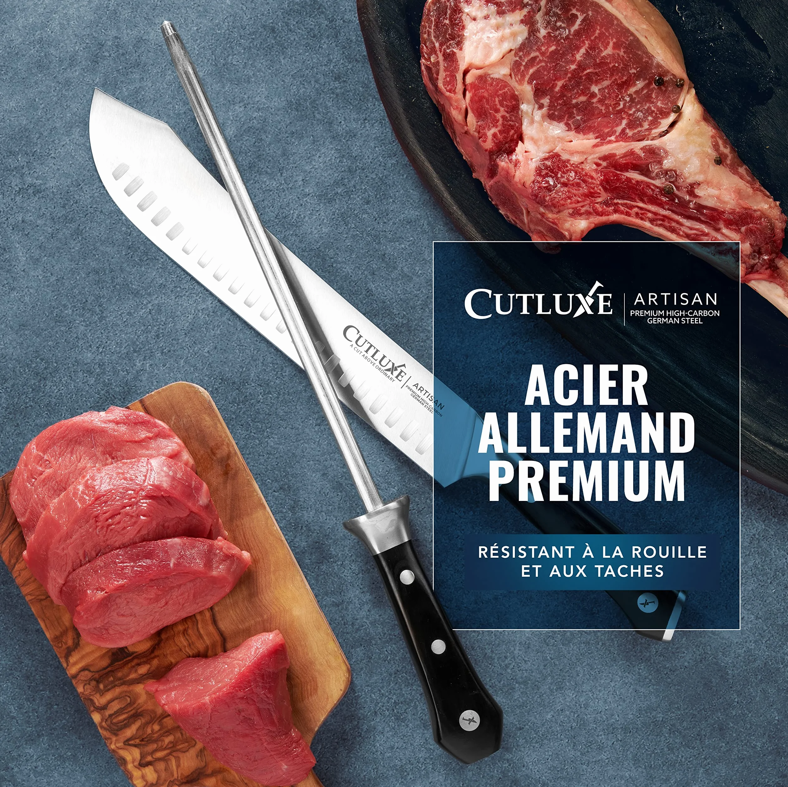 Cutluxe Fusil à Aiguiser 25.4cm Aiguiseur Professionnel Diamant Poignée Ergonomique pour Couteaux Chef Japonais Série Artisan