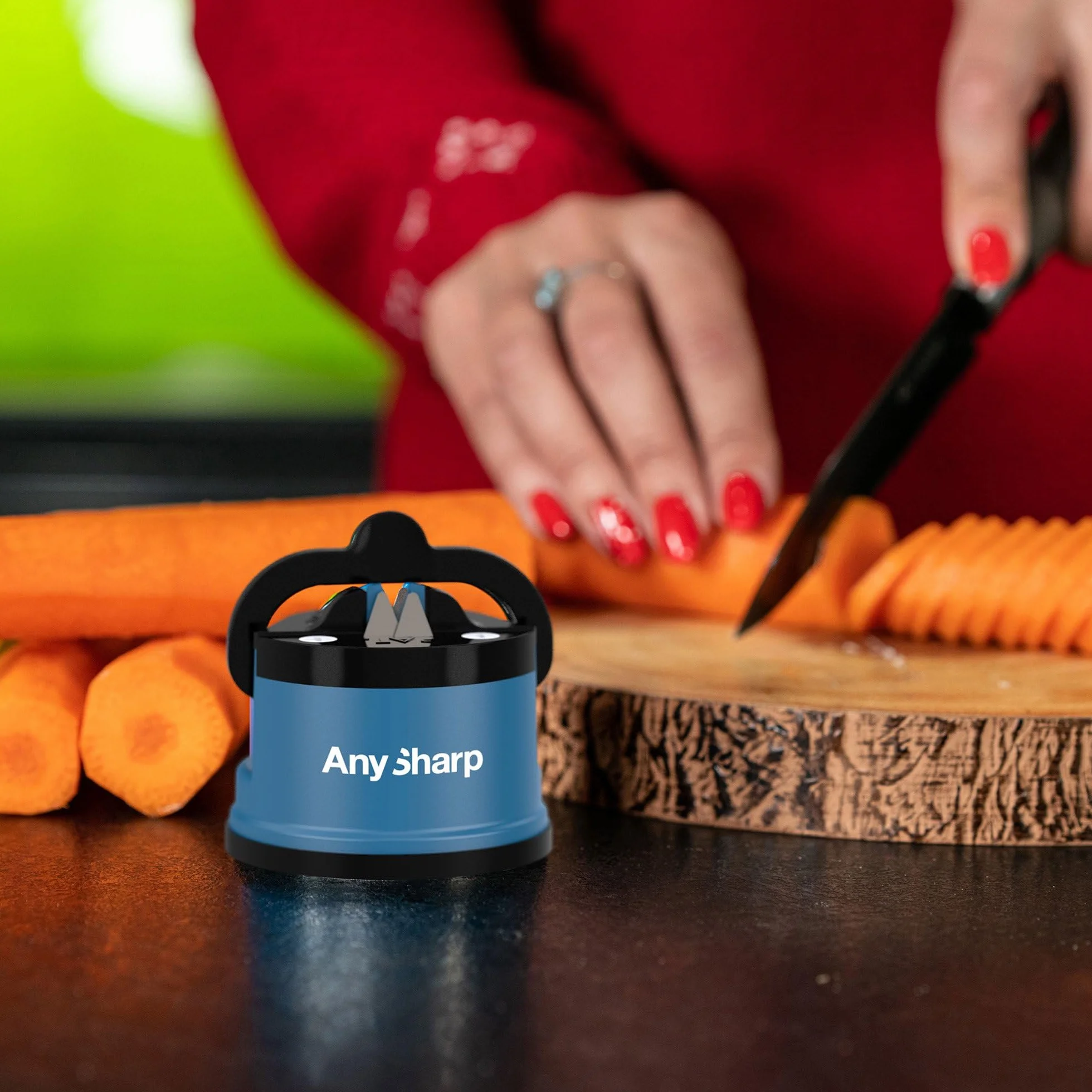AnySharp Aiguiseur de Couteaux, Sécurité Mains Libres, Ventouse PowerGrip, Bleu