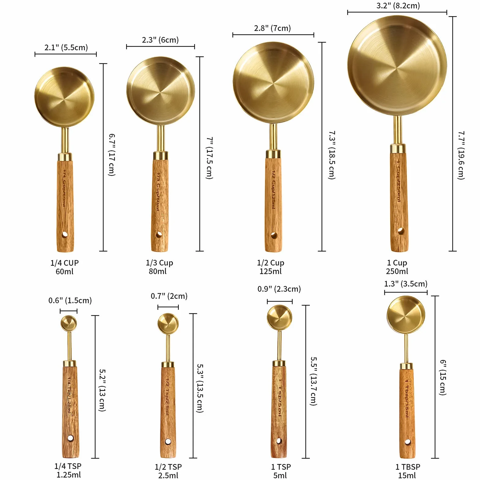 Cuteefun Ensemble de 8 Cuillères et Tasses à Mesurer, Acier Inoxydable, Finition Polie Or, pour la Cuisson
