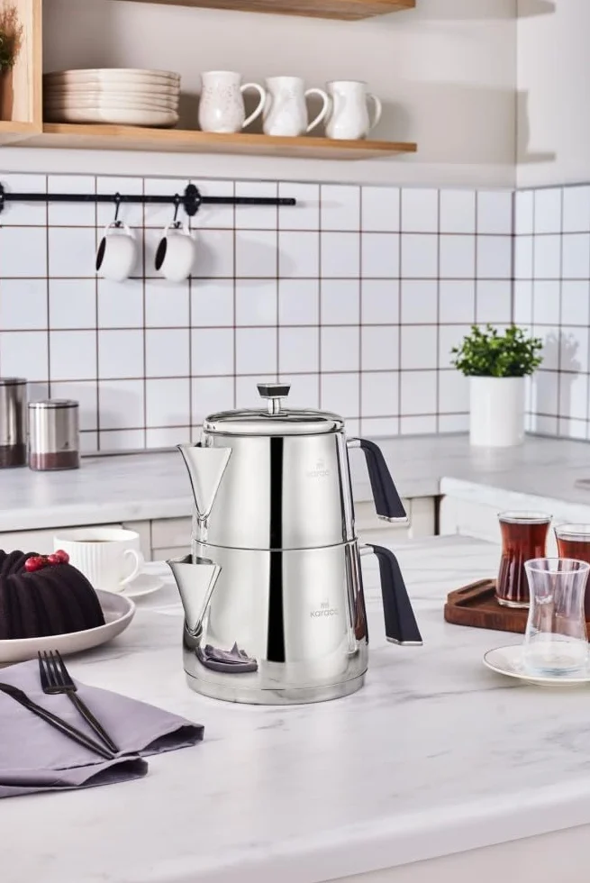 Karaca Fiona Set de Théière Turque en Acier Inoxydable, Bouilloire 2L, Théière 1L, Poignées Résistantes à la Chaleur, Finition Poli, Turkish Teapot & Caydanlik, Compatible Induction, Noir