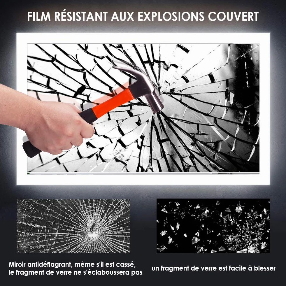 SIRHONA Miroir de Salle de Bain avec Éclairage, Affichage Numérique Écran LED, Miroir avec Une Loupe 3X, Anti-buée, 3 Températures de Couleur, Dimmable, Fonction Mémoire, 80x60cm