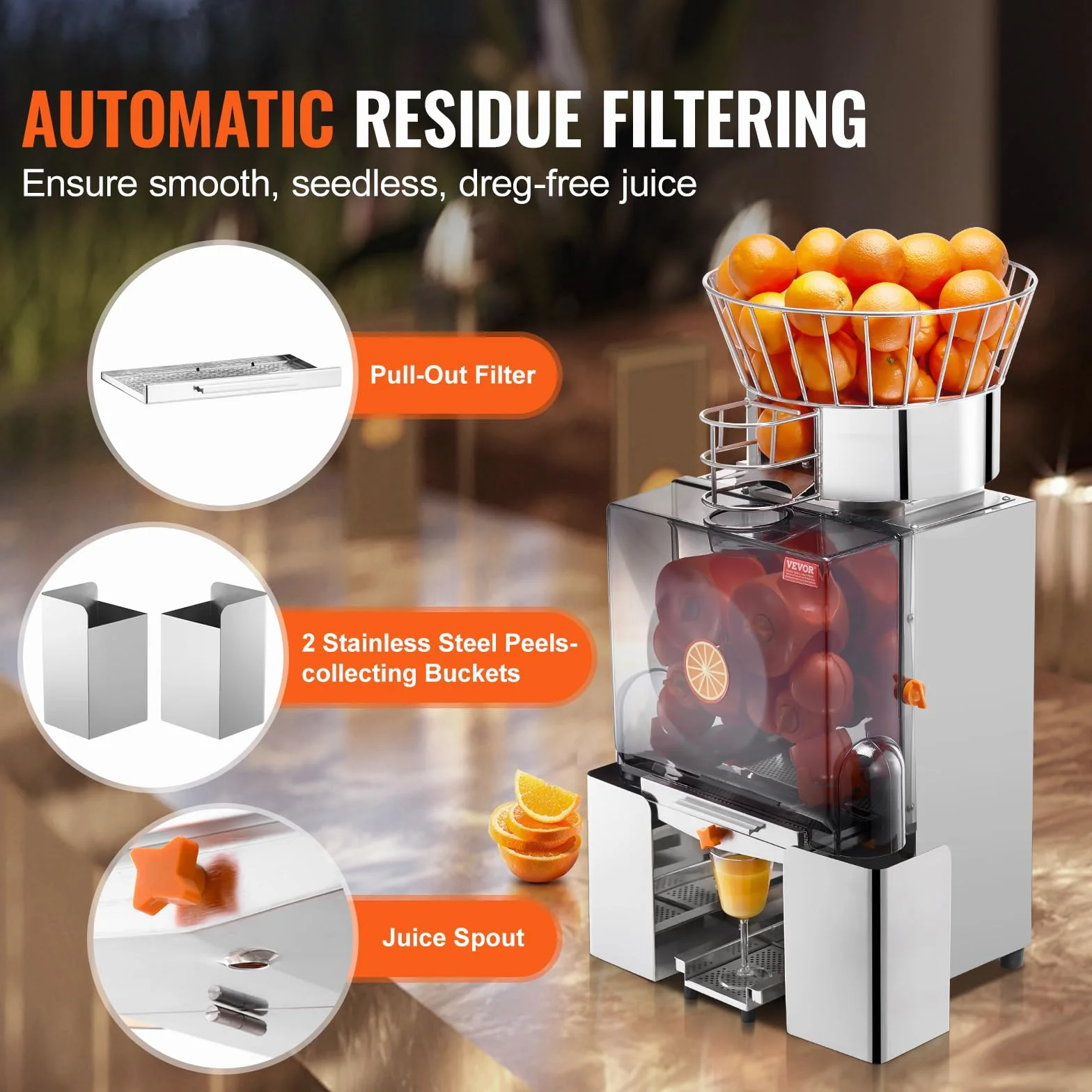 VEVOR Presse-Agrumes Électrique Commercial 120 W Extracteur de Jus Automatique 25 Oranges/min avec Filtre Extractible et Seau de Collecte d'Épluchure pour Orange Pamplemousse Restaurant Café Fruiterie