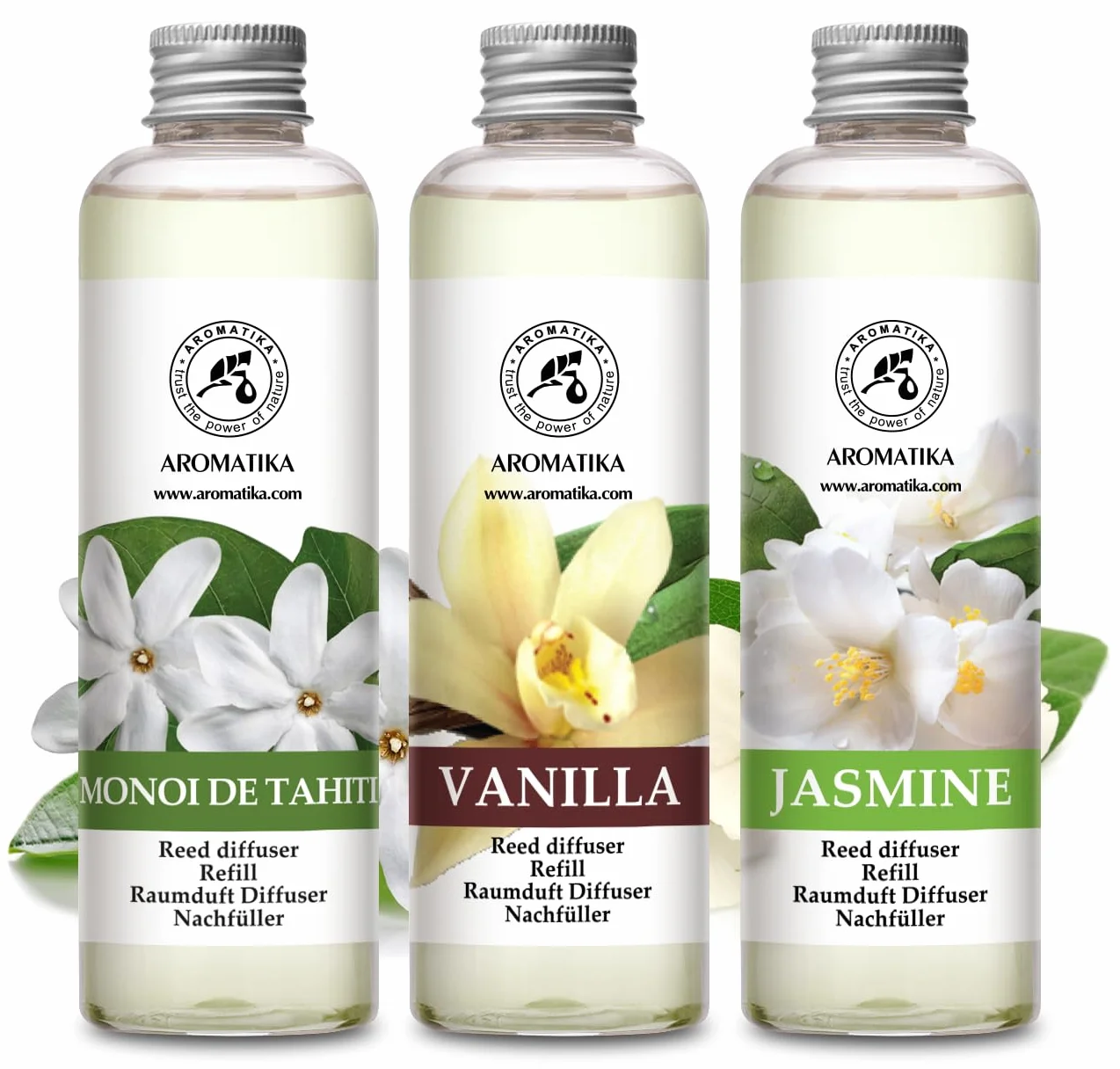 Recharge Diffuseurs de Parfum 3x200ml Monoï de Tahiti Vanille Jasmin - Parfum d'Ambance Frais Longue Durée