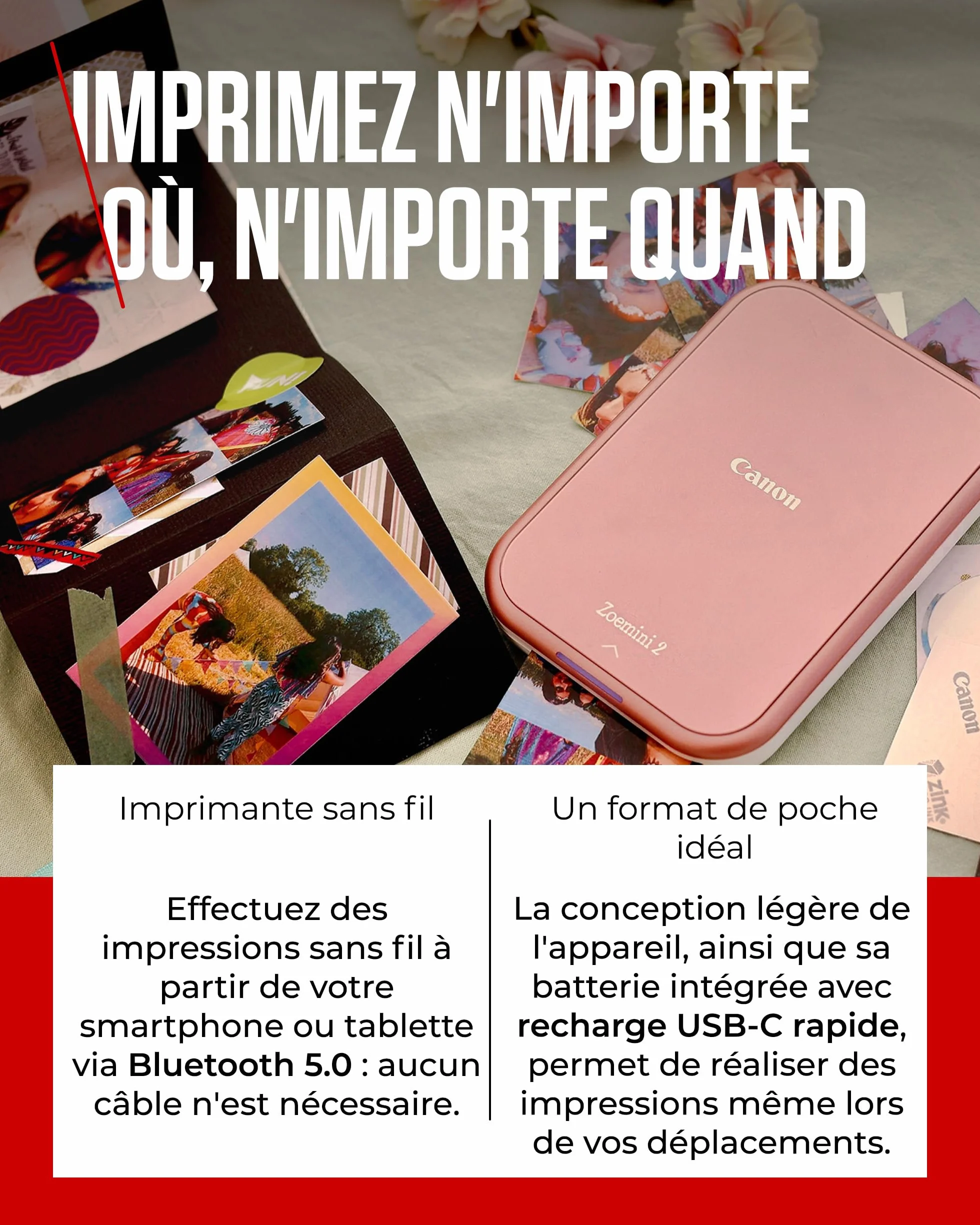 Canon Zoemini 2 Imprimante Photo Portable Bluetooth 5.0 Charge Rapide Type-C Or Rose