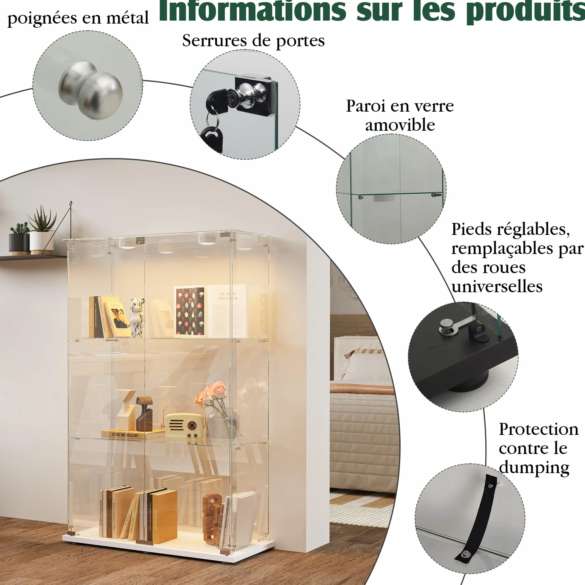 MEXUS Vitrine en Verre avec LED, avec 2 Portes et Serrure de sécurité, Conception à 3 Couches, étanche à la poussière et Facile à Nettoyer, adaptée au Salon, à la Chambre, au Bureau (Blanc)