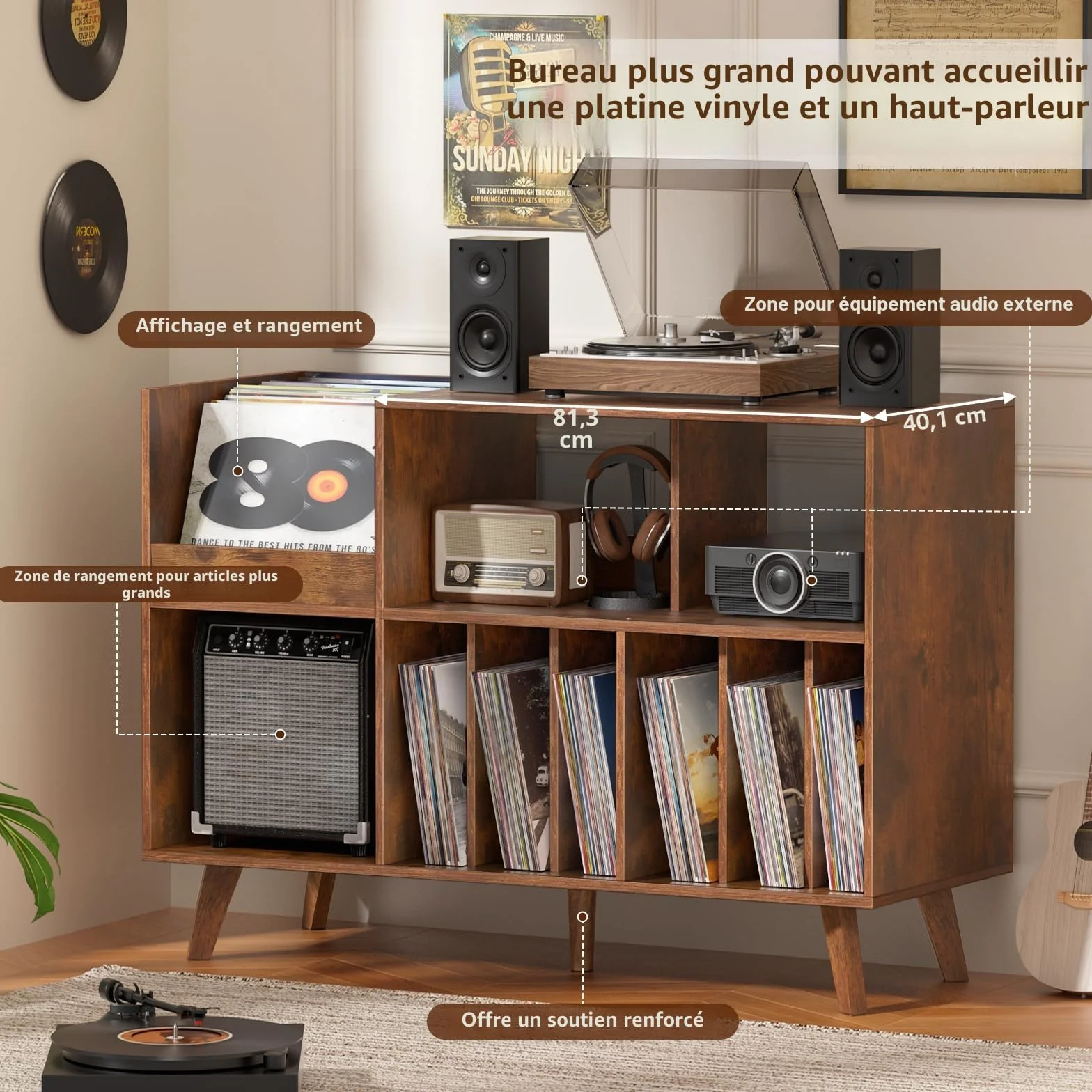 LELELINKY Grand support de tourne-disque avec rangement, support en vinyle avec zone d'affichage, table de tourne-disque pouvant contenir jusqu'à 450 albums, support de disque pour salle de musique