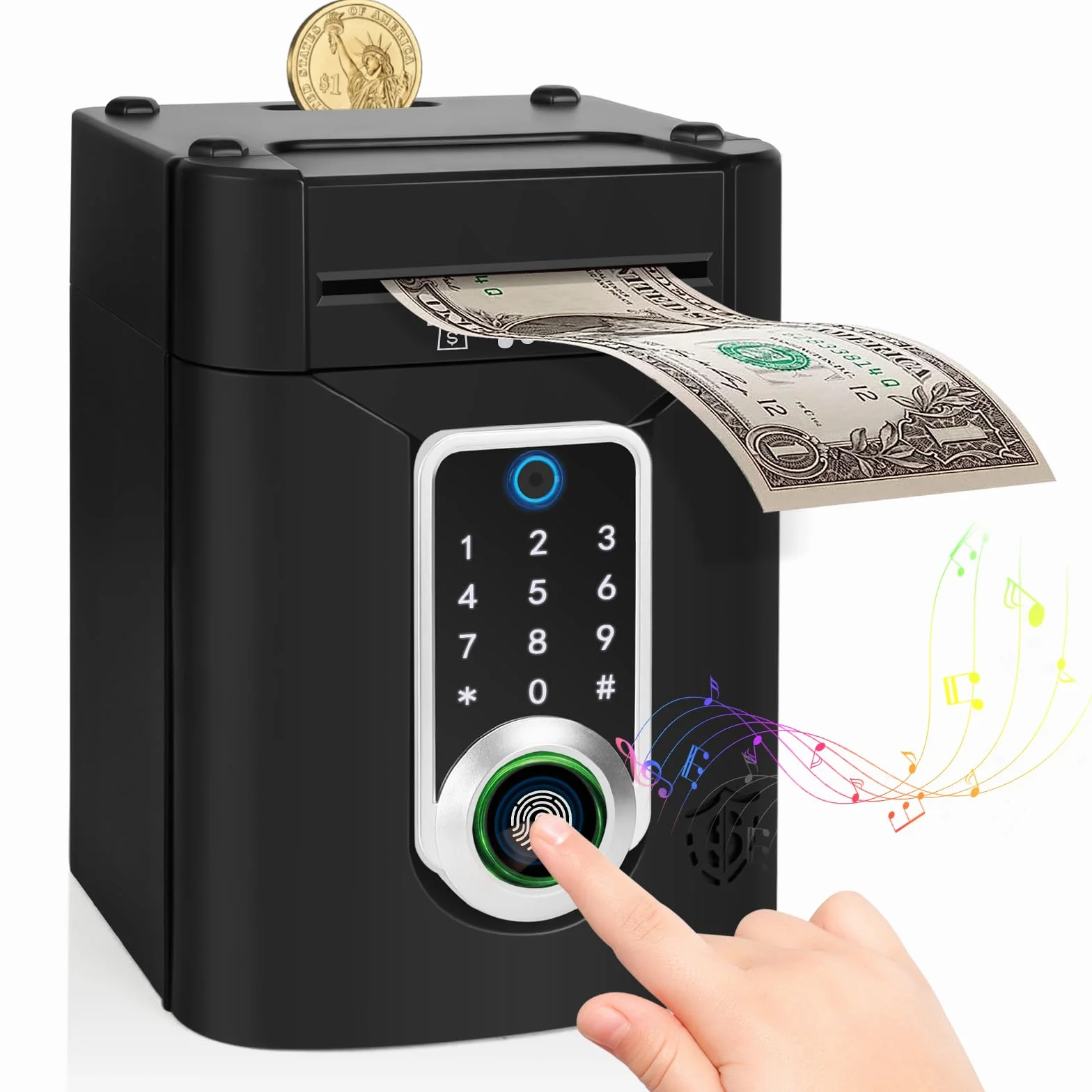 Tirelire Électronique Enfant avec Écran Tactile et Empreinte Digitale, Coffre-Fort Code, Cadeau 3-12 Ans Noir