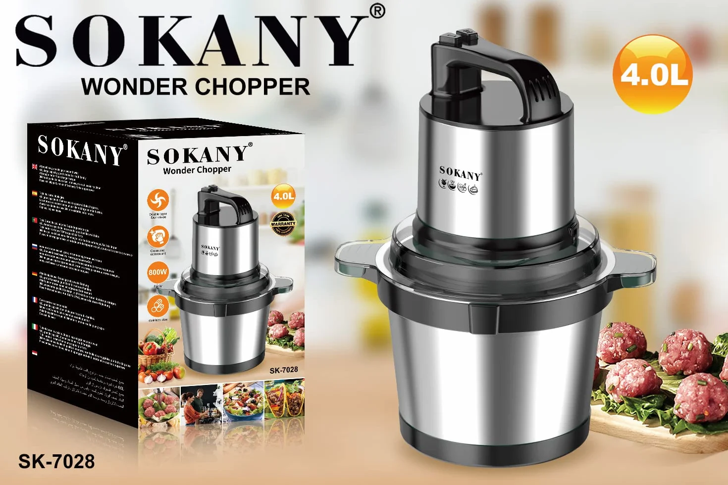 SOKANY Hachoir Électrique Mini hachoir a viande electrique Avec Bol Acier Inox, robot mixeur petit Avec 2 niveaux de vitesse et 4 Lames en inox (SK-7028, 800W, 4L)