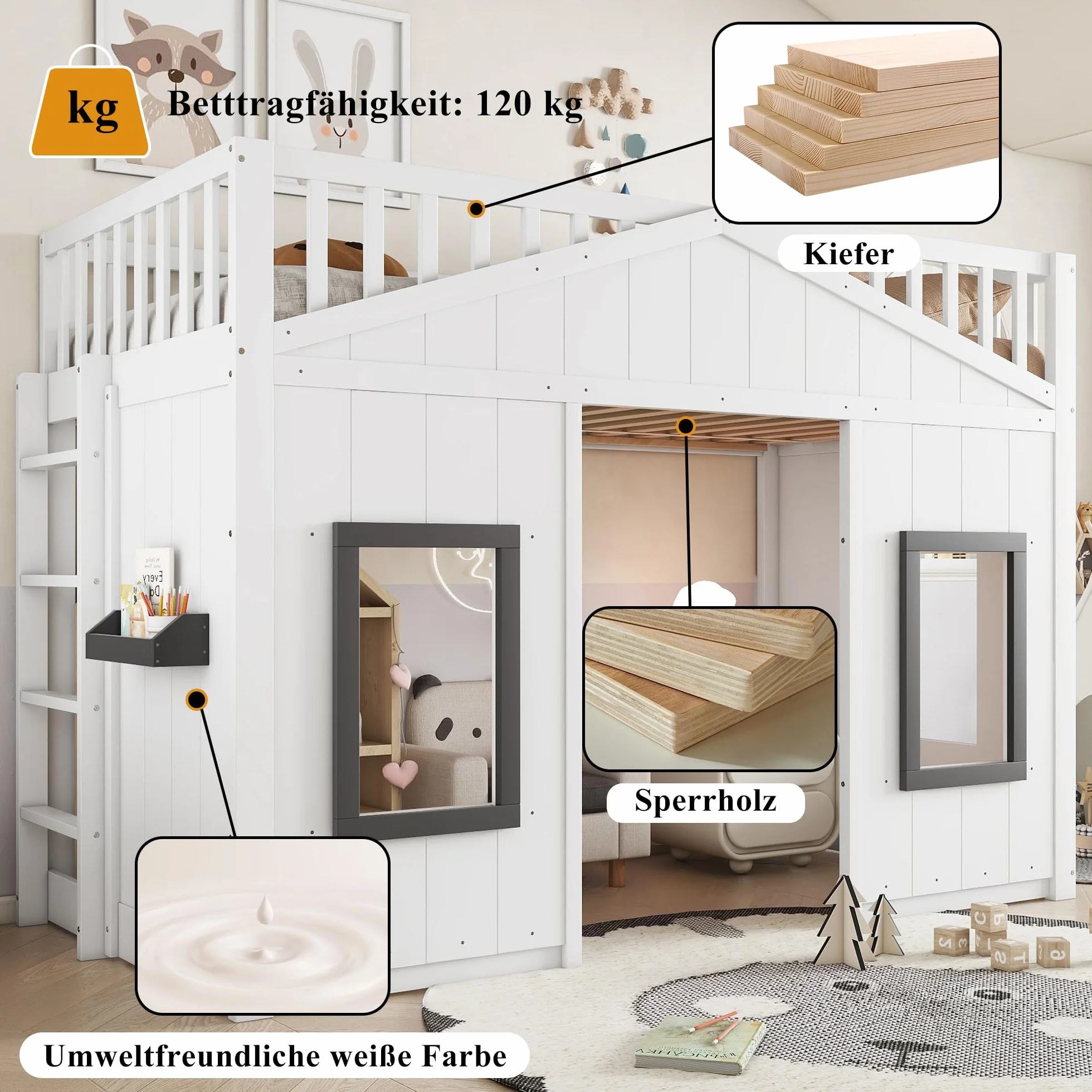 Lit cabane Enfants 90x200 avec Escalier, Lit Enfant avec Fenêtre et Rangement Sous le Lit Modulable, Lit Superposé Enfant Simple avec Barrière Anti-Chute et Rambarde, Structure en pin et MDF, Blanc