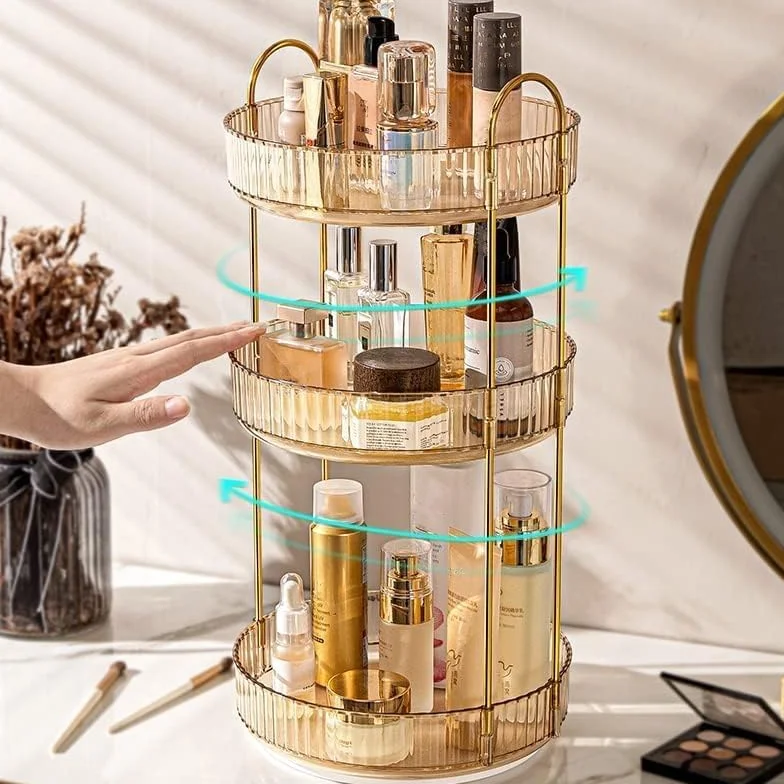 CESTATIVO Organisateur de maquillage, rotatif à 360°, organisateur de cosmétiques, organisateur de soins de la peau pour salle de bain (3 couches, ambre)