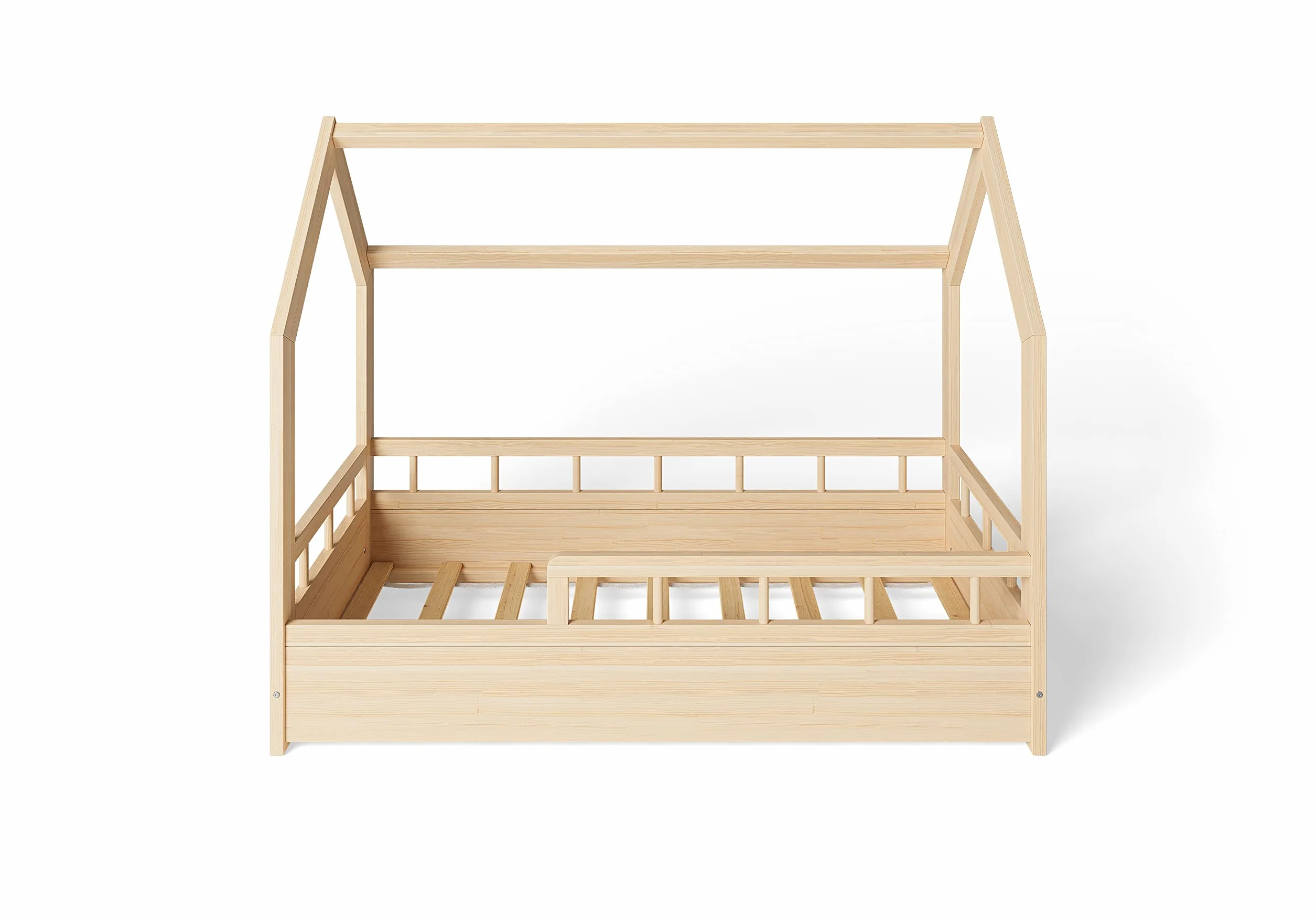 MS FACTORY Lit Enfant Bébé Maison 70x140 cm - Lit en Massif Cabane avec Protection Anti-retombée, Barrière Sécurité - Style Scandinave Montessori - Bois Demi-barrières