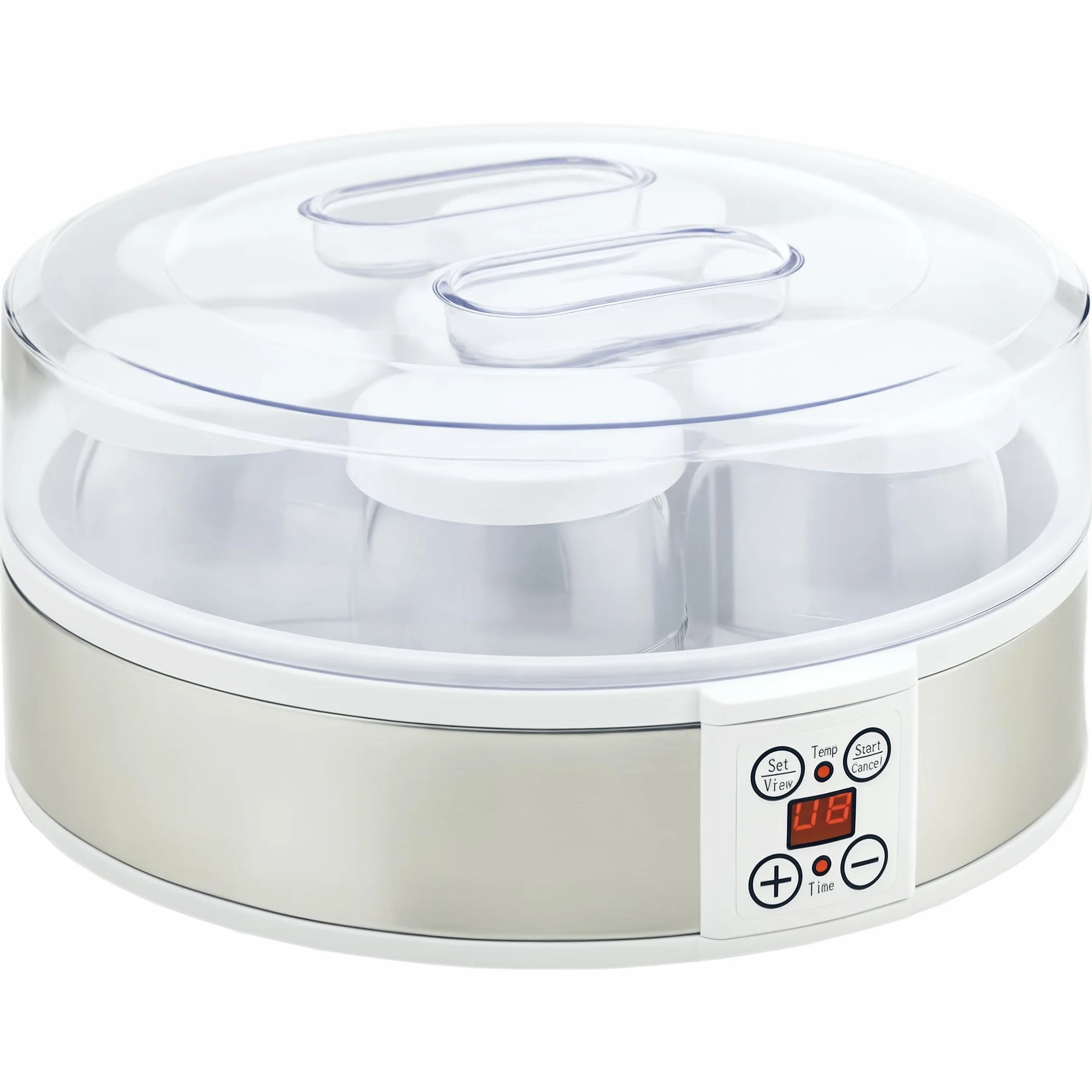 HOMCOM Yaourtière 7 Pots en Verre de 180ml, Machine à Yaourt Électrique en Acier Inoxydable avec Minuterie, Thermostat Réglable et Affichage LED pour Desserts Maison Sains, Blanc