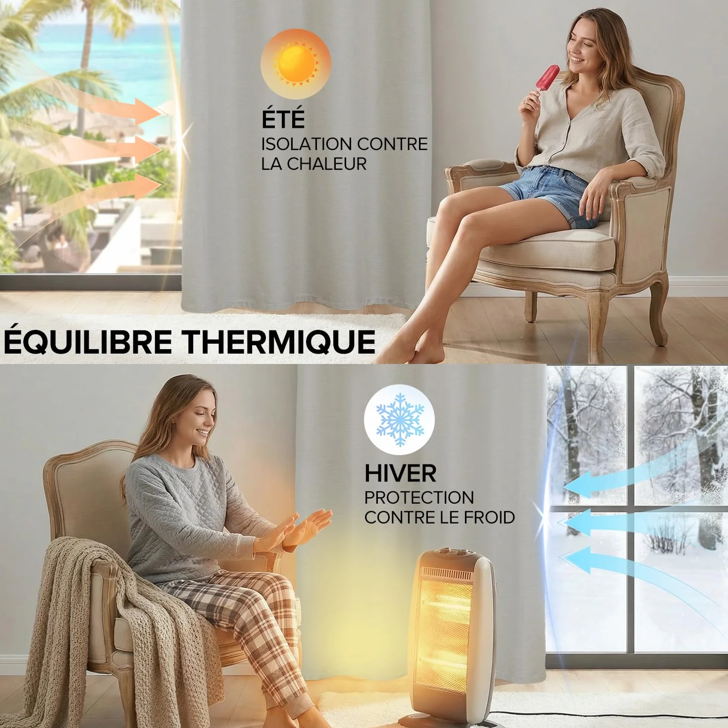 Rideaux Occultants Lin Thermique Anti Chaleur Anti Froid UV Lot de 2 140x245 Beige Clair