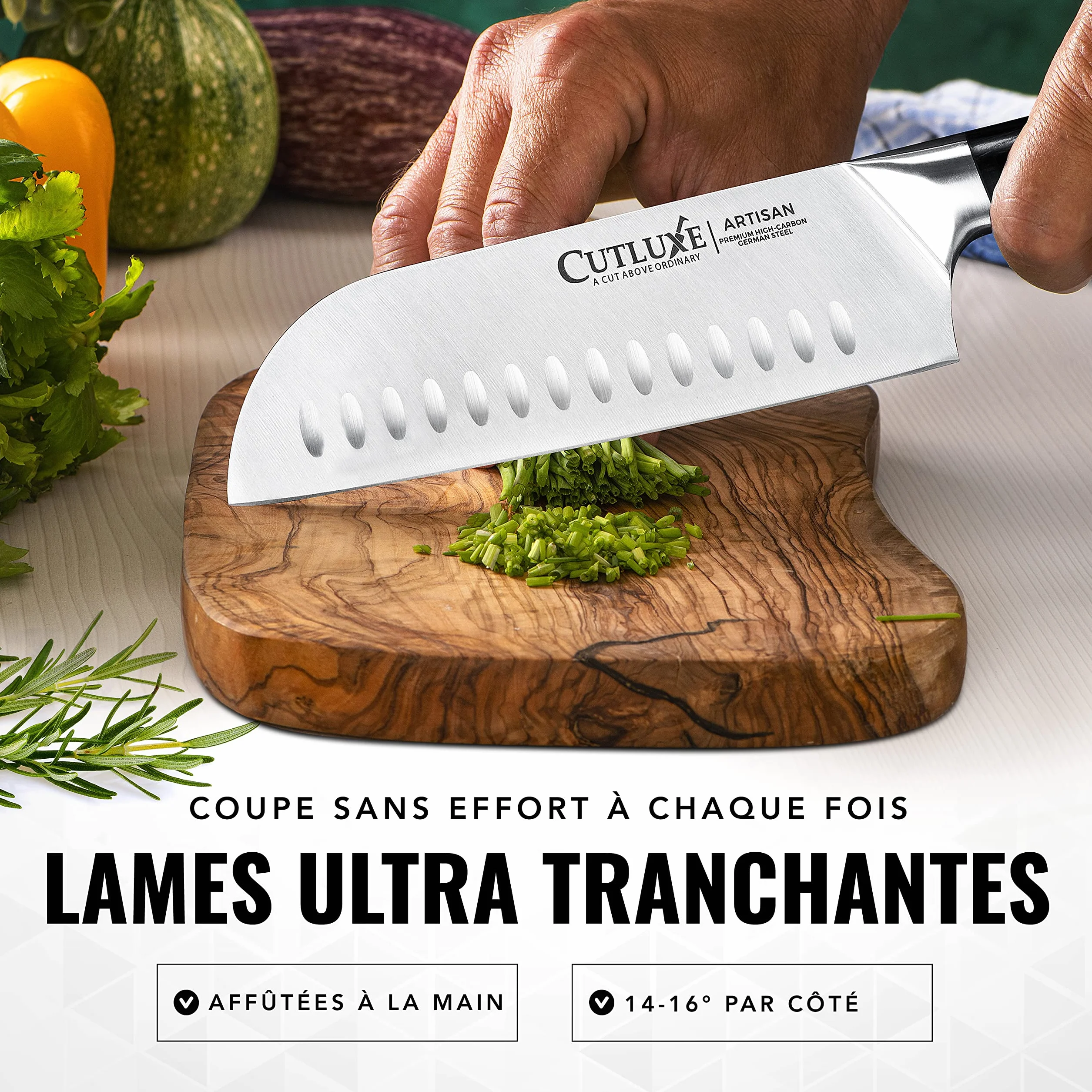 Cutluxe Couteau Japonais - 18 cm Couteau Professionnel Santoku Avec Fourreau - Lame Professionnelle en Acier Allemand à Forte Teneur en Carbone - Couteaux de Découpe pour la Cuisine - Série Artisan