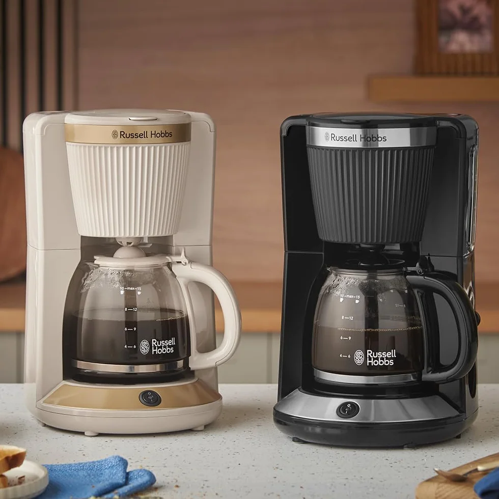 Russell Hobbs Cafetière filtre [1,25 L : 10-15 tasses, 1 100 W] Brontë Beige (technologie WhirlTech, anti-goutte, plaque chauffante, verseuse en verre, fonction pause et versement) 26781-56