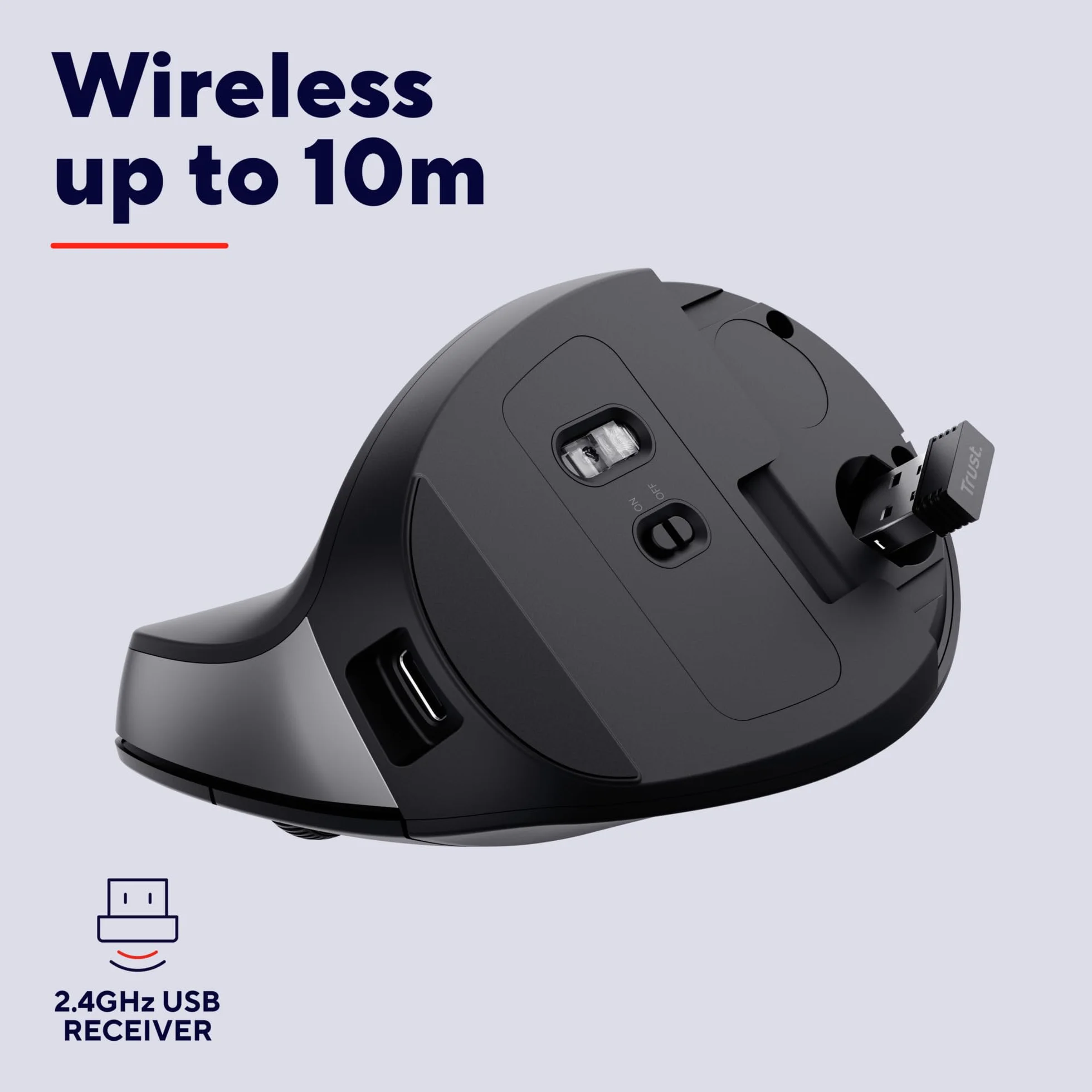 Trust Yuno Ergonomiczna Mysz Bezprzewodowa z Akumulatorem, Myszka Pionowa z Odbiornikiem USB 2.4GHz, Regulowane DPI 800-2400, Sensor Optyczny, 6 Przycisków, 70% Plastiku z Recyklingu - Czarny