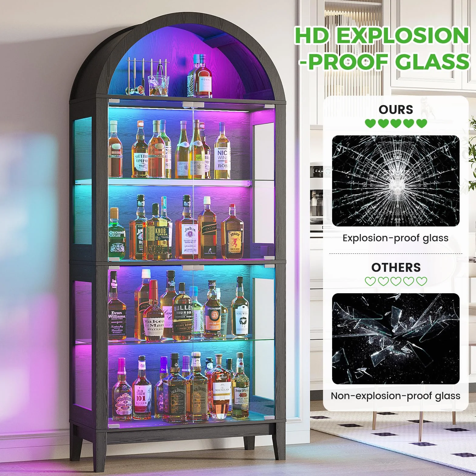 Gurexl 175 CM RGB Vitrine en Verre avec Capteur Humain,Vitrine Cintrée avec Éclairage Dynamique,Vitrine sur Pied avec Cloison vitrée Réglable pour Salon,Chambre,Figurines,Maquettes,Trophées,Noir