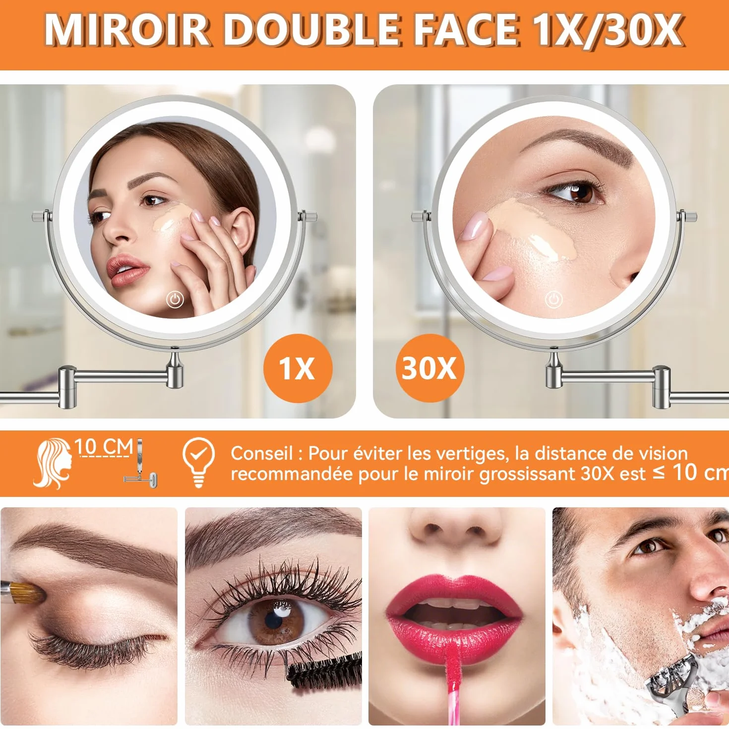 Auxmir Miroir Grossissant Mural 1X/30X, 3200mAh, 3 Modes Couleur, 360° Pivotant Extensible