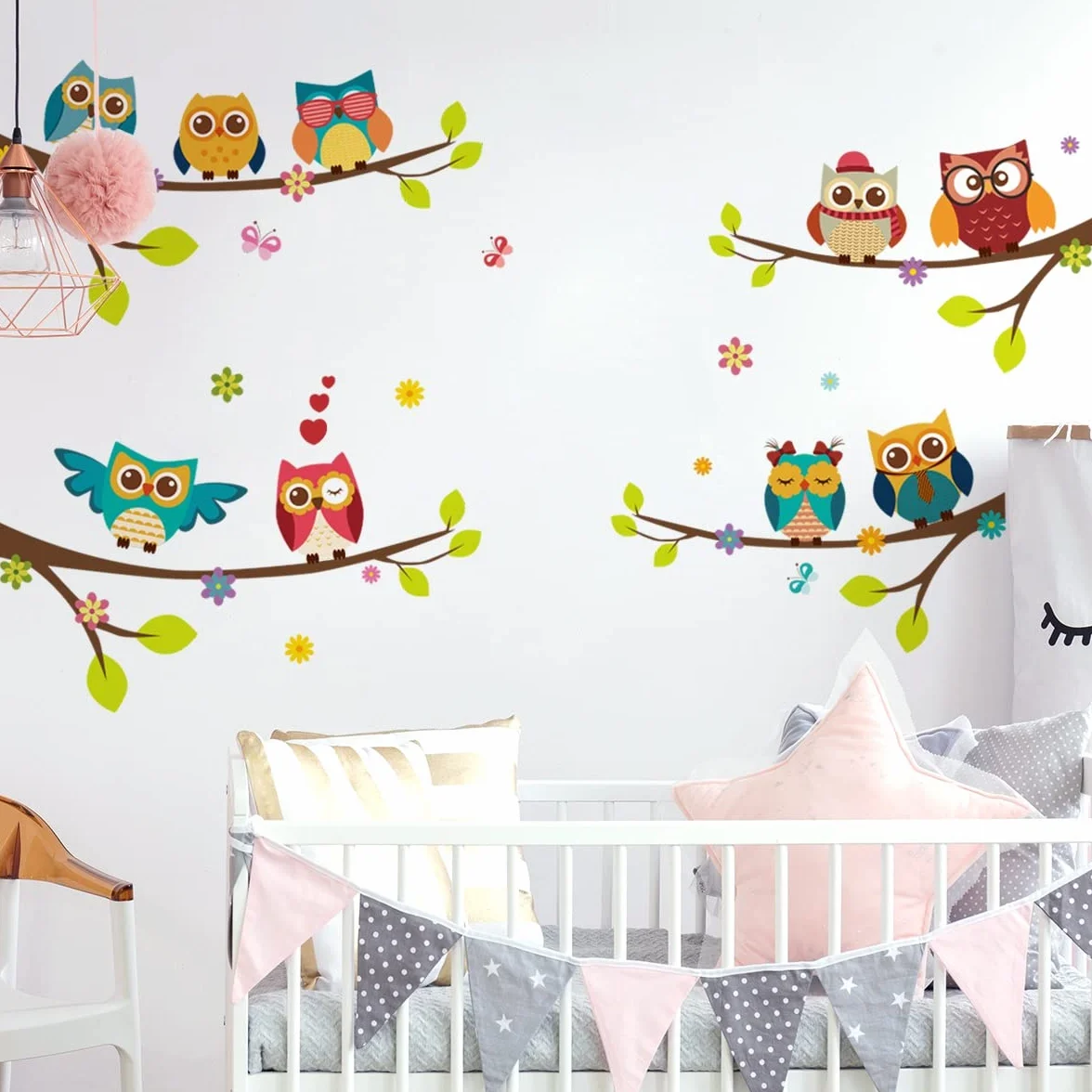 Stickers muraux enfants animaux de la forêt CHOUETTES mignonnes sur BRANCHES 120x100 cm Autocollant mural chambre bébé