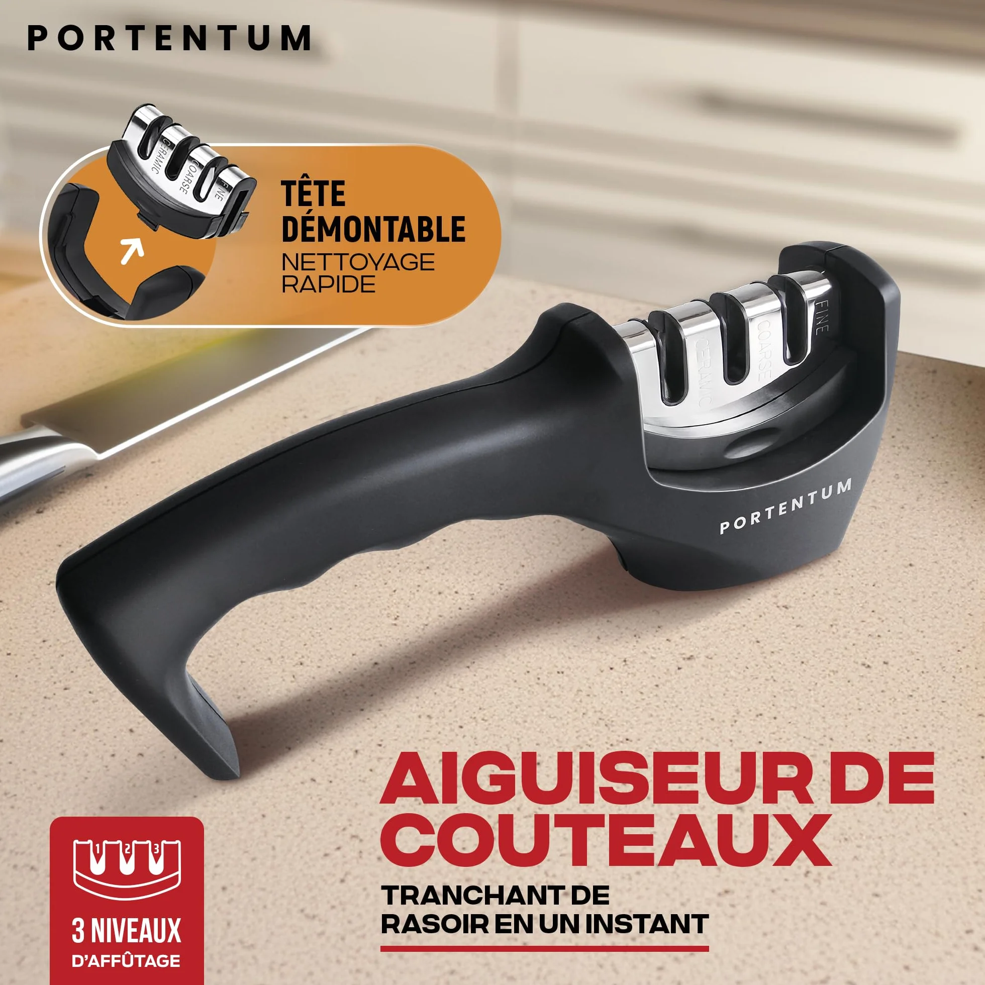 PORTENTUM Professionnel Aiguiseur Couteaux Manuel 3 Phases Cuisine