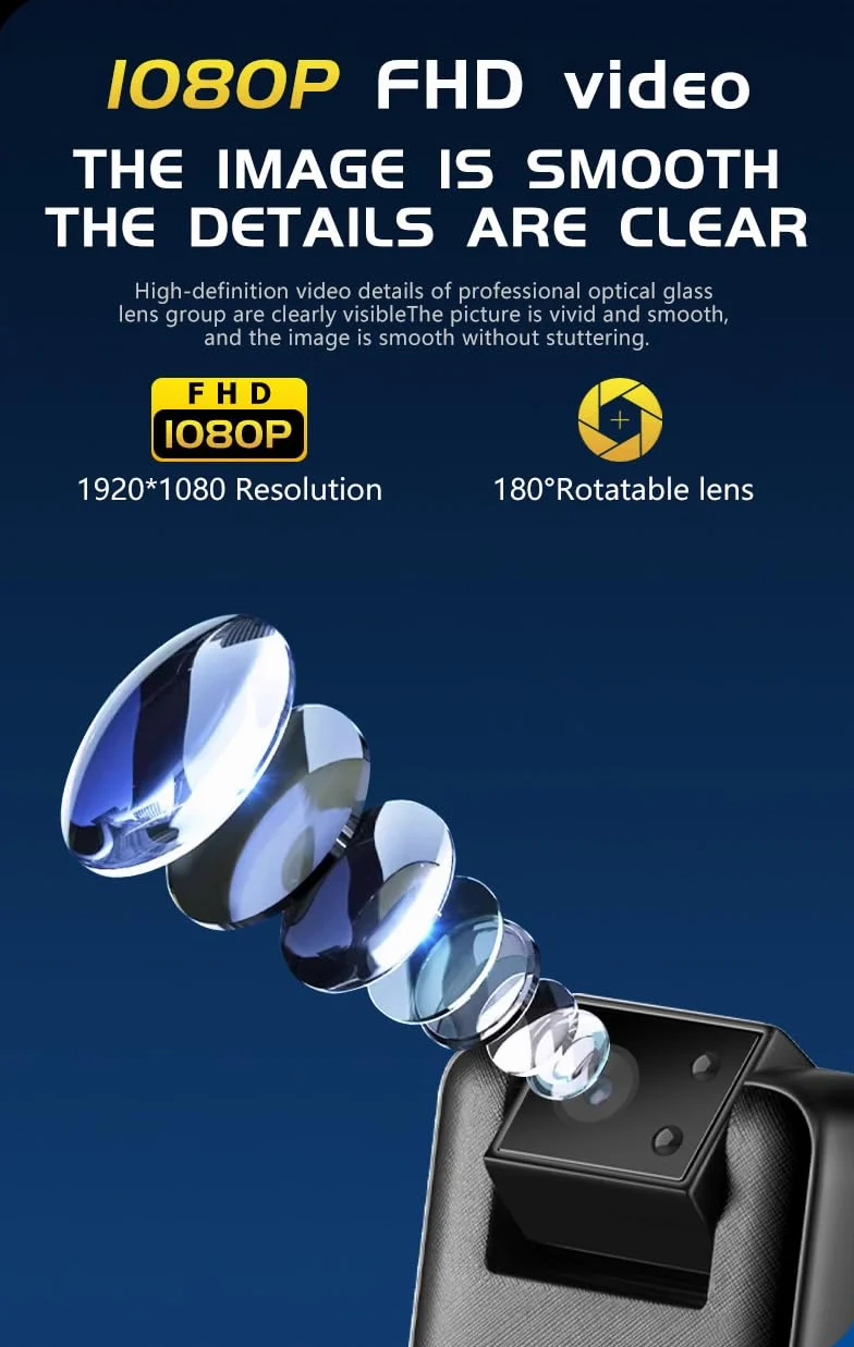 Mini Przenośna Kamera FHD 1080P – 180 Kamery Noktowizyjna z Klapką - Bezstratne Nagrywanie Dźwięku 256 Kbps - Wskaźnik Poziomu Naładowania Baterii - Magnetyczny/Klip-on - Type-C