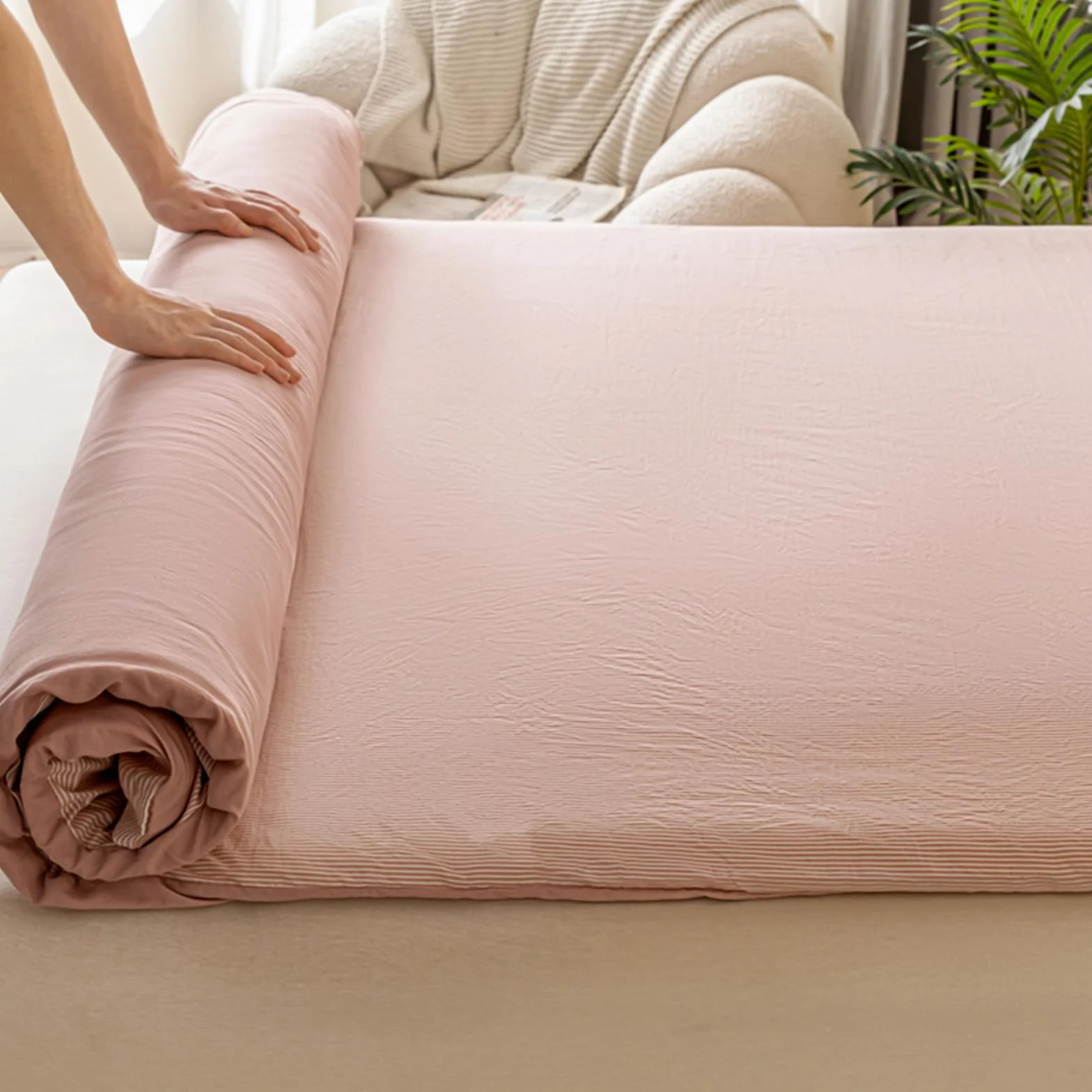 Rayé Couvre Matelas avec Fermeture Éclair 150x200cm Housse de Protection pour Futon Lavable en Machine