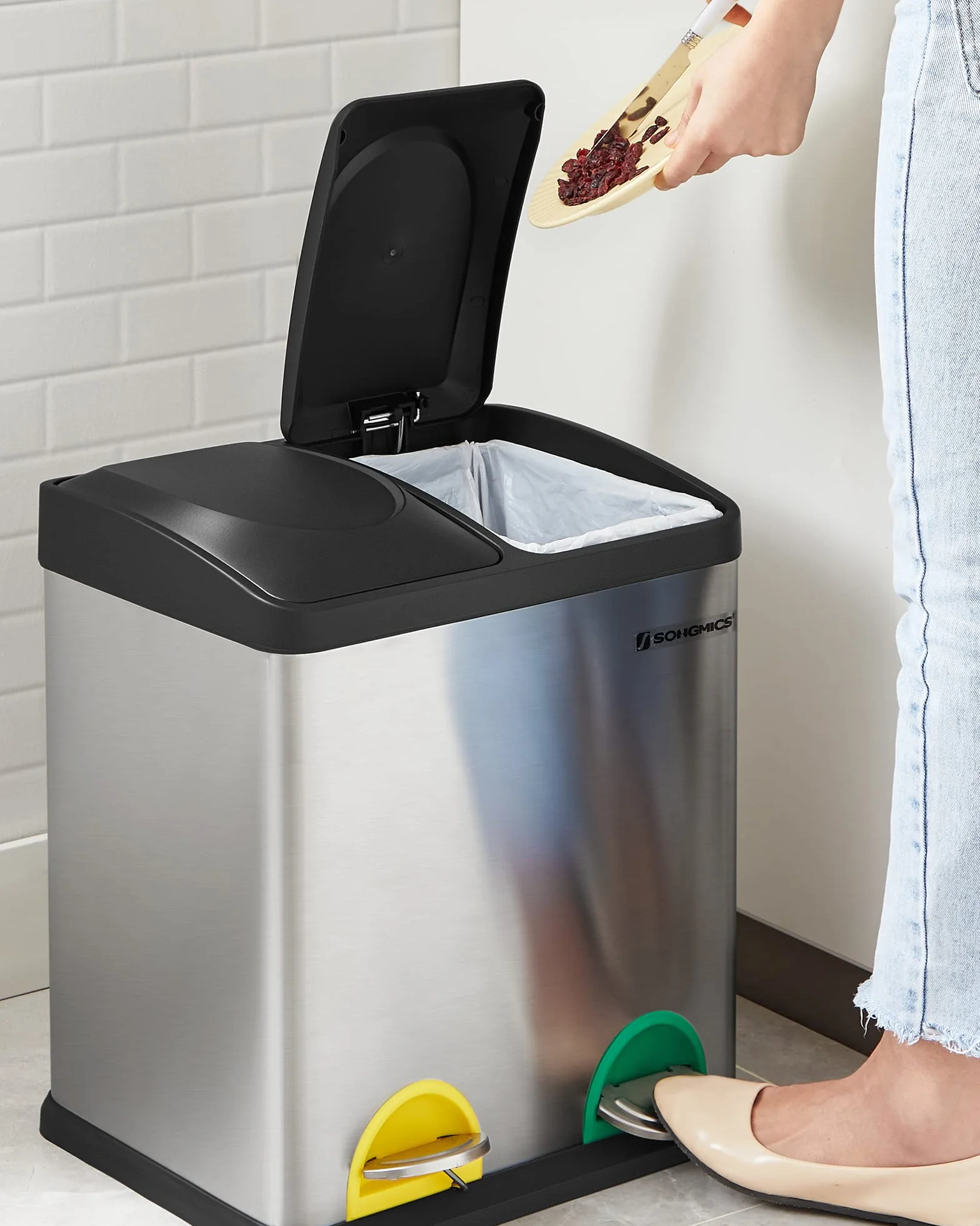 SONGMICS Poubelle de recyclage 30 L, seau de tri avec pétales, acier, 2 x 15 L, seau intérieur amovible, argent et noir LTB30L