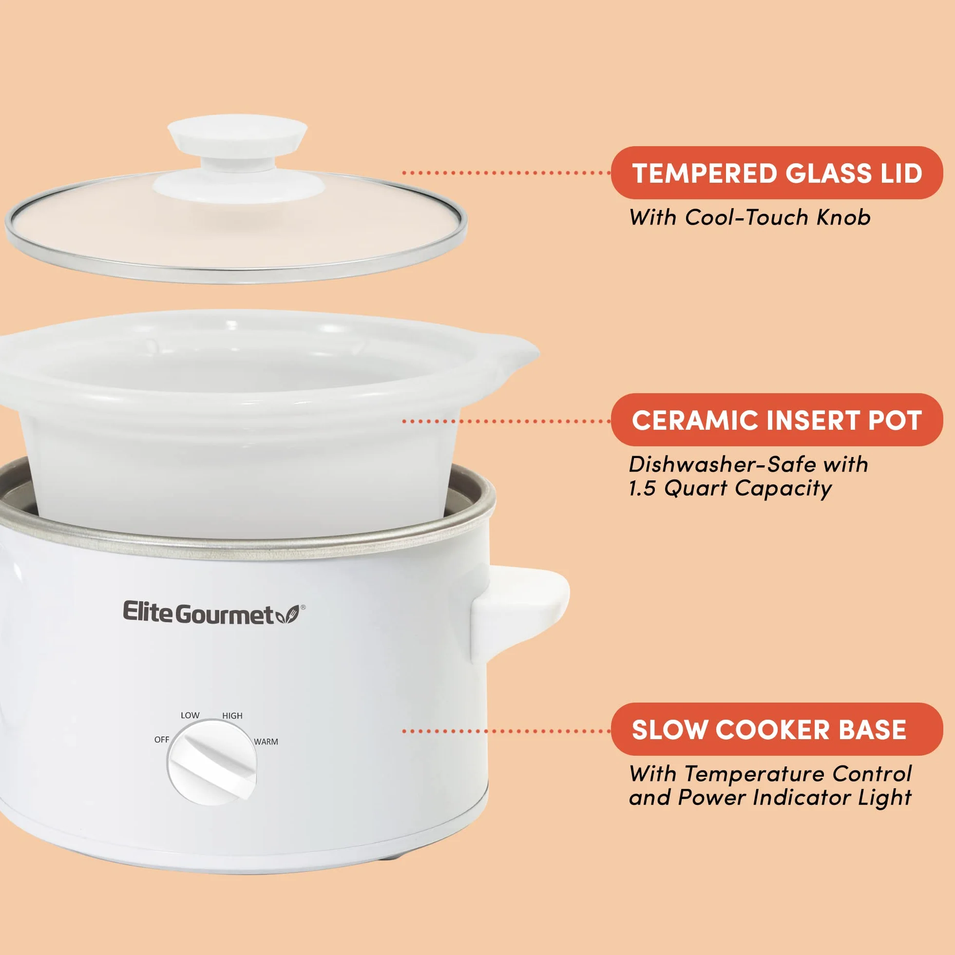 Elite Gourmet MST-250XW Mijoteuse électrique avec cuve en céramique, température réglable, pour entrées, sauces, soupes, rôtis et plats mijotés, passe au lave-vaisselle (1,4 L, blanc)