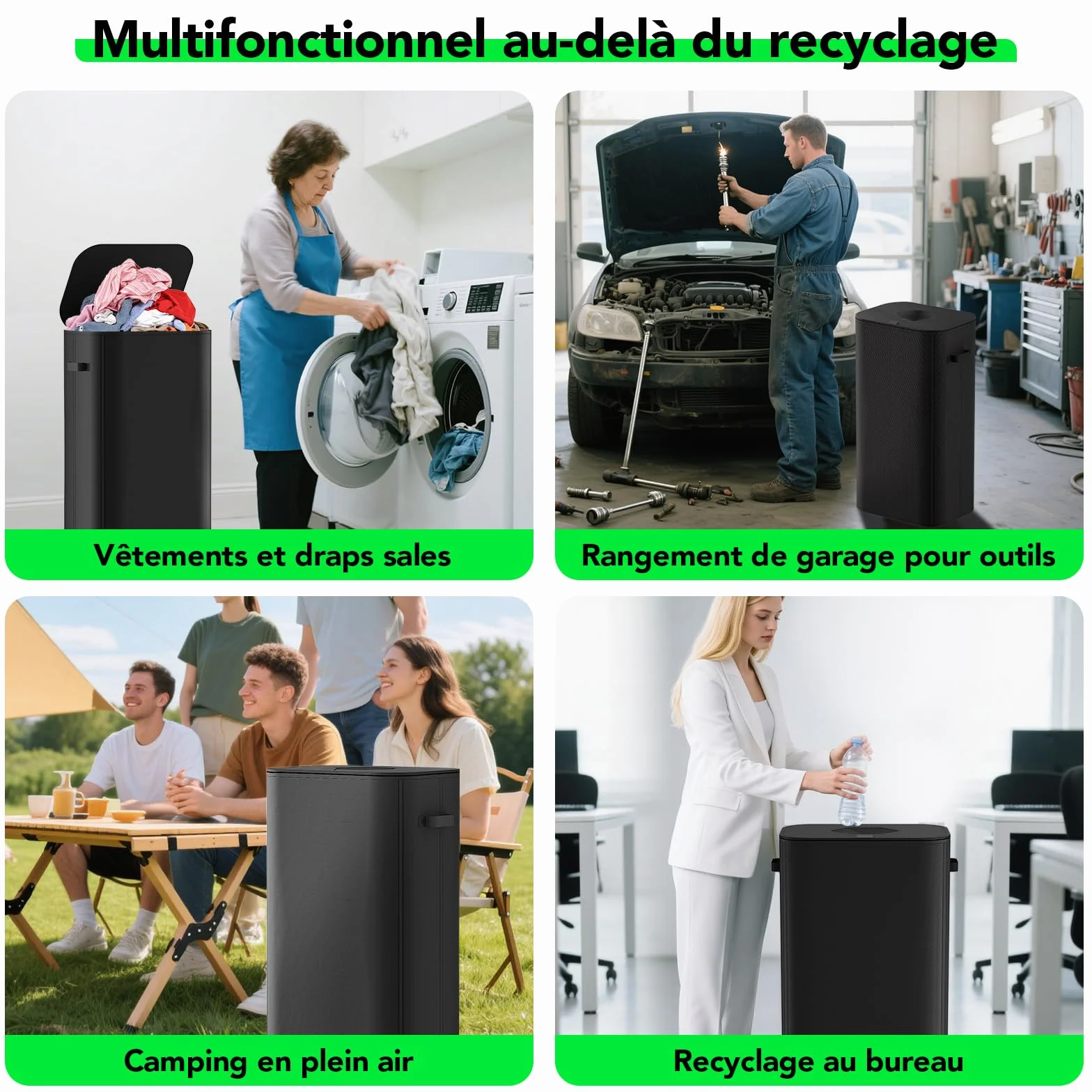 110L Poubelle Tri Selectif Plastique Bouteilles Verre Collecteur avec Couvercle Recyclage