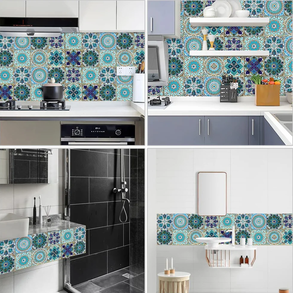 Autocollants Carrelage Salle de Bain Cuisine 15x15 cm PVC imperméable Mosaïque Azulejos Bleu