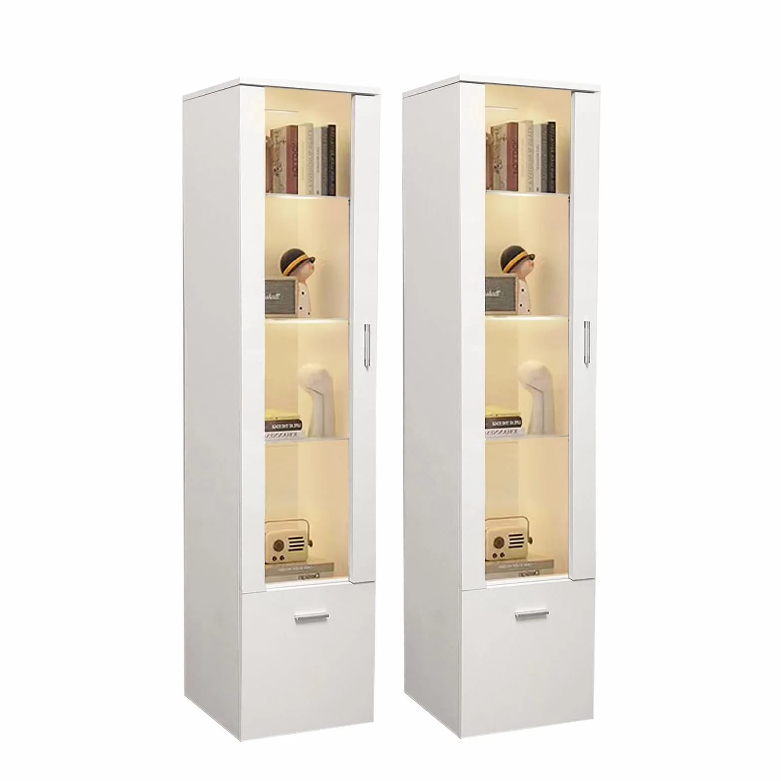Lot de 2 Vitrines LED avec Porte et Etagères en Verre, Lumières Armoire à Meuble de Rangement pour Salon Bureau, 42 x 30 x 160 cm (Blanc)