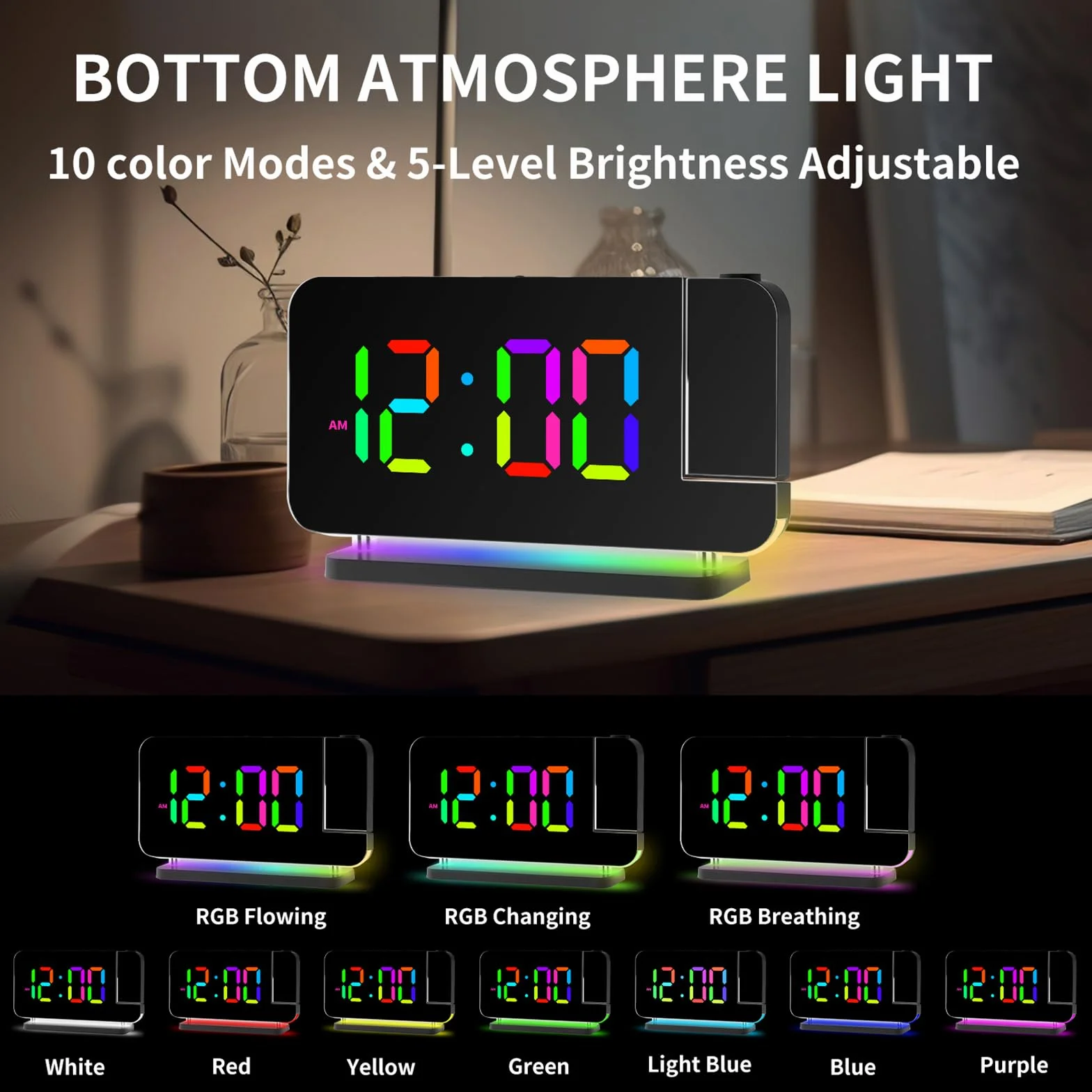 Cuteefun Reveil Projecteur Plafond, Affichage RVB 11 Couleurs, 6 Niveaux Luminosité, Port USB C/A