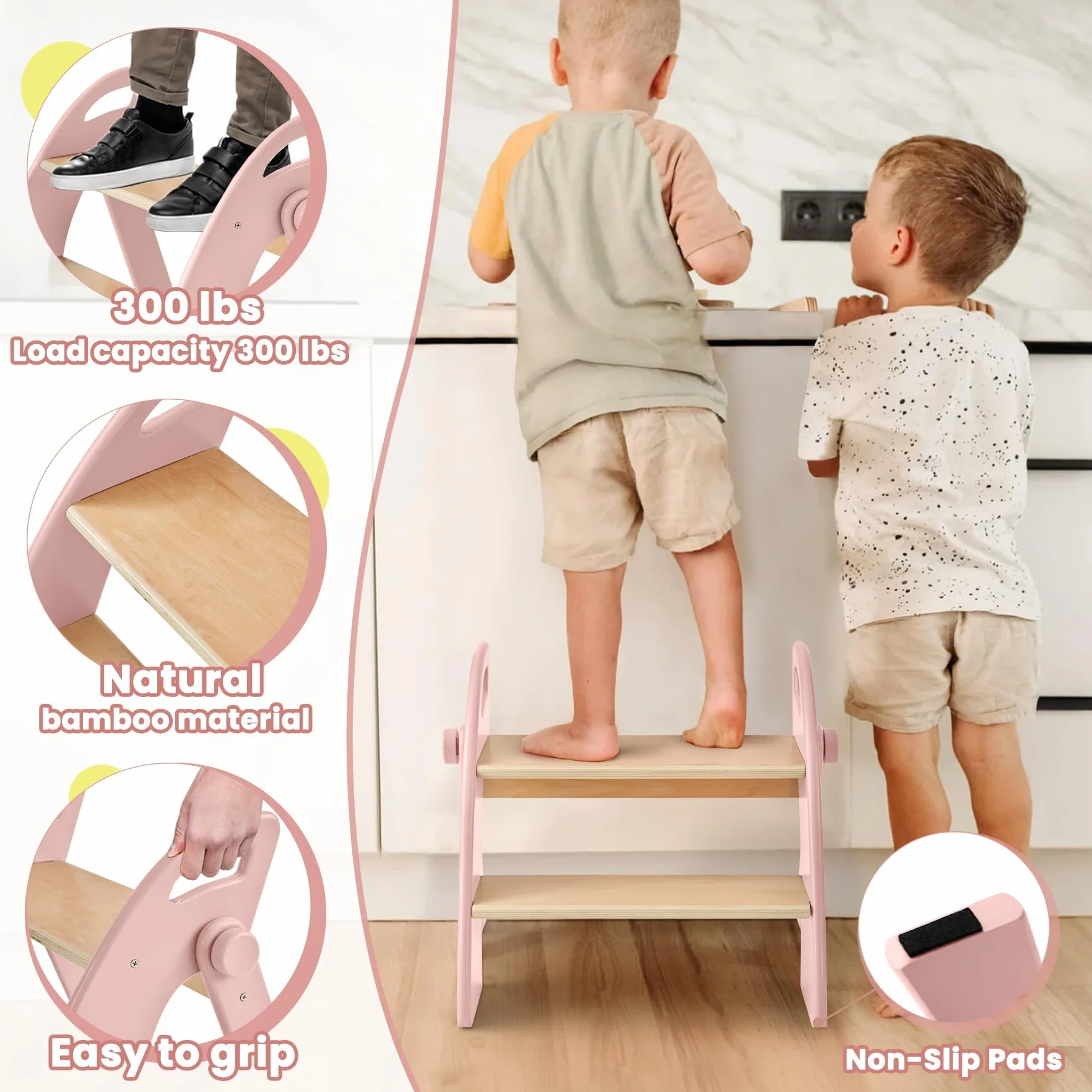 Marche Pied Pliable à 2 Marches en Bois pour Enfants, Capacité de 130 kg avec Tapis Antidérapant et Poignées, Tabouret pour Chambre, Salle de Bain, Cuisine, Rose