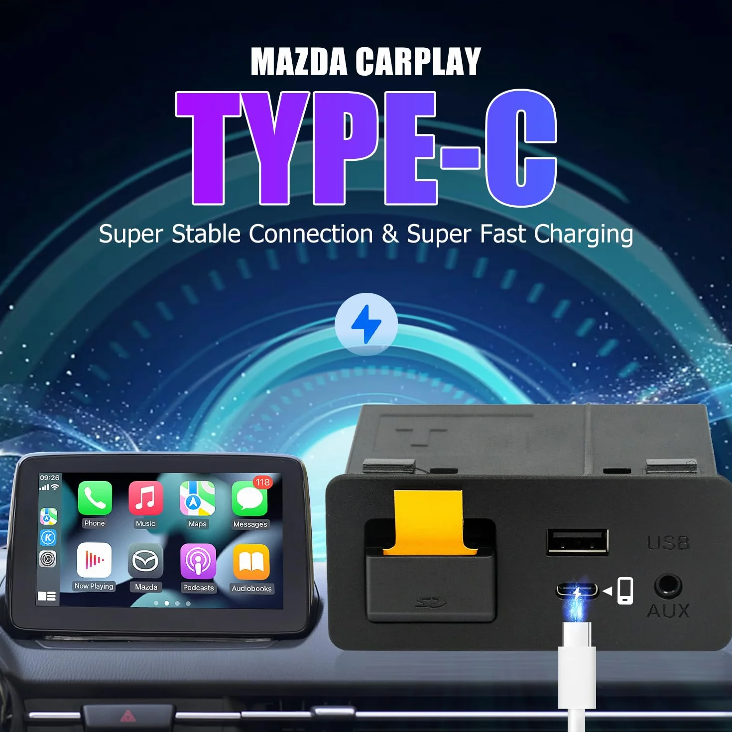 Zestaw Mazda Type-C Carplay i Android Auto Upgrade, TK78-66-9U0C OEM Media Hub dla systemu MZD CONNECT, dla Mazdy 3/6/CX3/CX5/CX9/MX5 2014-2020 (obsługa szybkiego ładowania typu c)