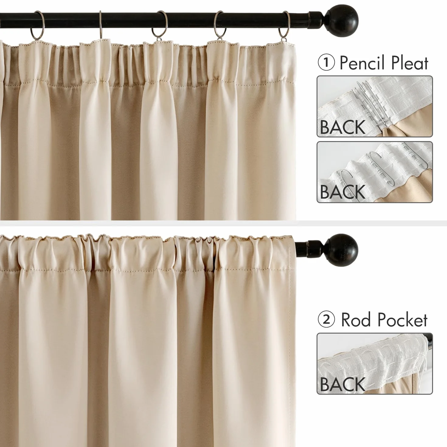 MIULEE Rideau Occultant Thermique Isolants Anti Froid Chaleur Galon Fronceur, Tenture Opaque Beige 140x245, Rideaux Isolant Phonique Chambre Salon 2 Pièces