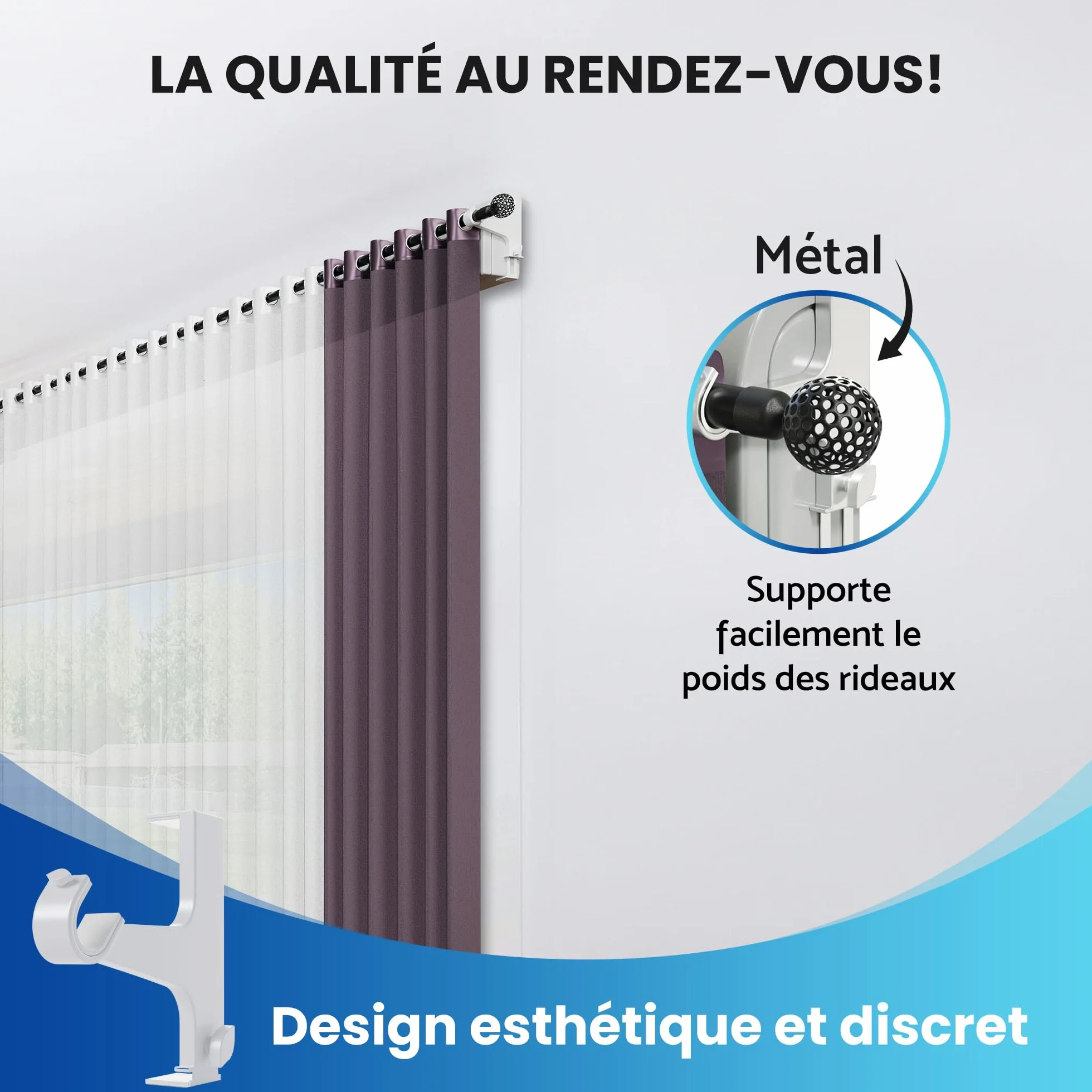 FODEX Ensemble de 2 Supports pour Tringle à Rideaux Sans Perçage, Métal, Ø16-28mm, Coffre Volet Roulant, Blanc