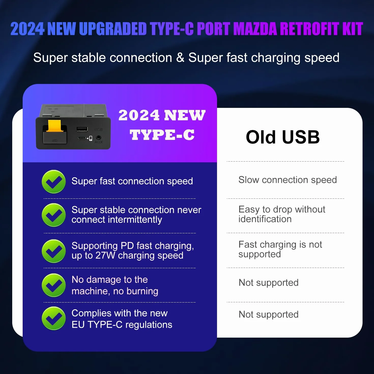 Zestaw Mazda Type-C Carplay i Android Auto Upgrade, TK78-66-9U0C OEM Media Hub dla systemu MZD CONNECT, dla Mazdy 3/6/CX3/CX5/CX9/MX5 2014-2020 (obsługa szybkiego ładowania typu c)