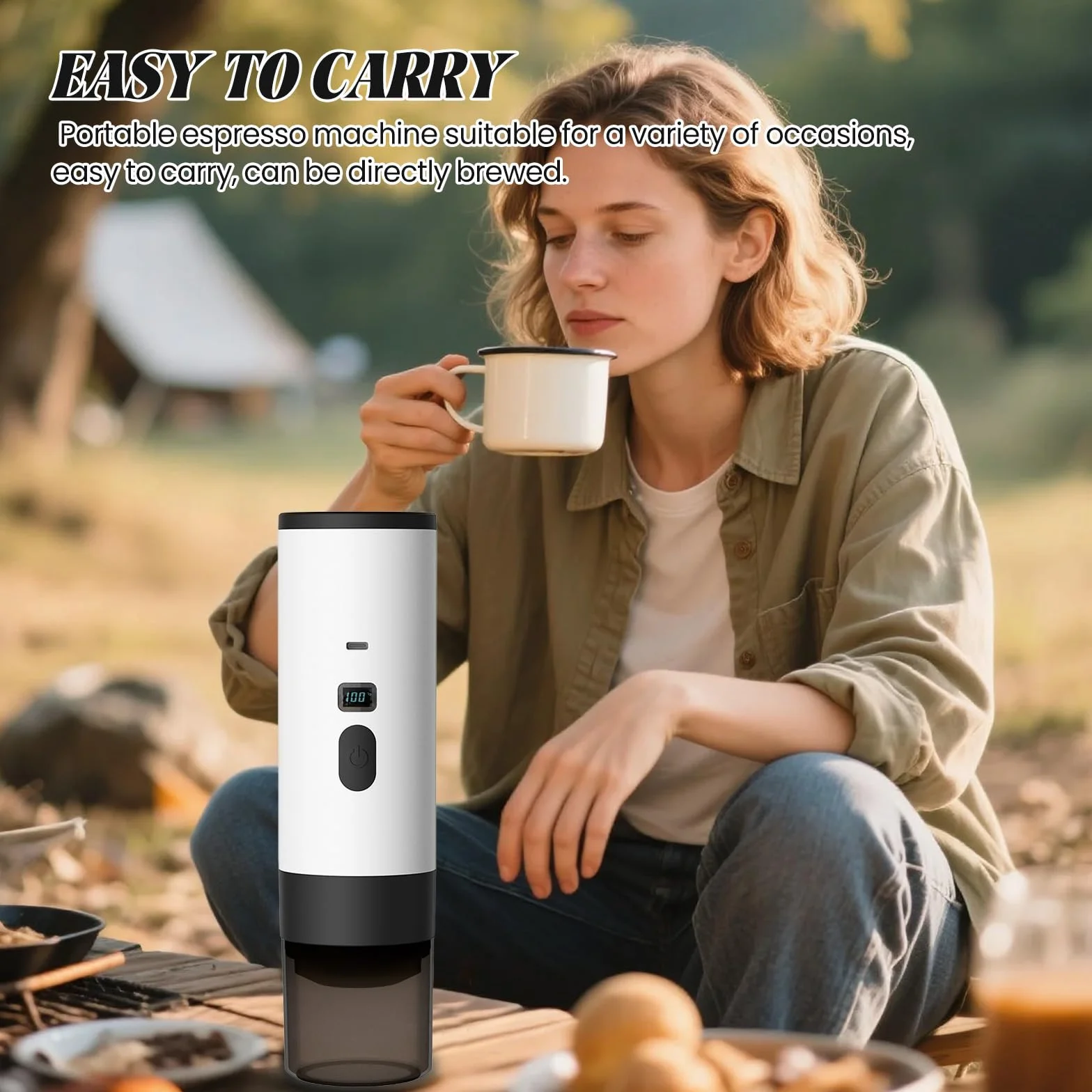Machine à café expresso électrique,Machine à Cafe Portable,3 En 1 Rechargeable Expresso CafetièRe,Compatible Café Moulu & Capsules,pour Bureau Camping Randonnée (Kaki)