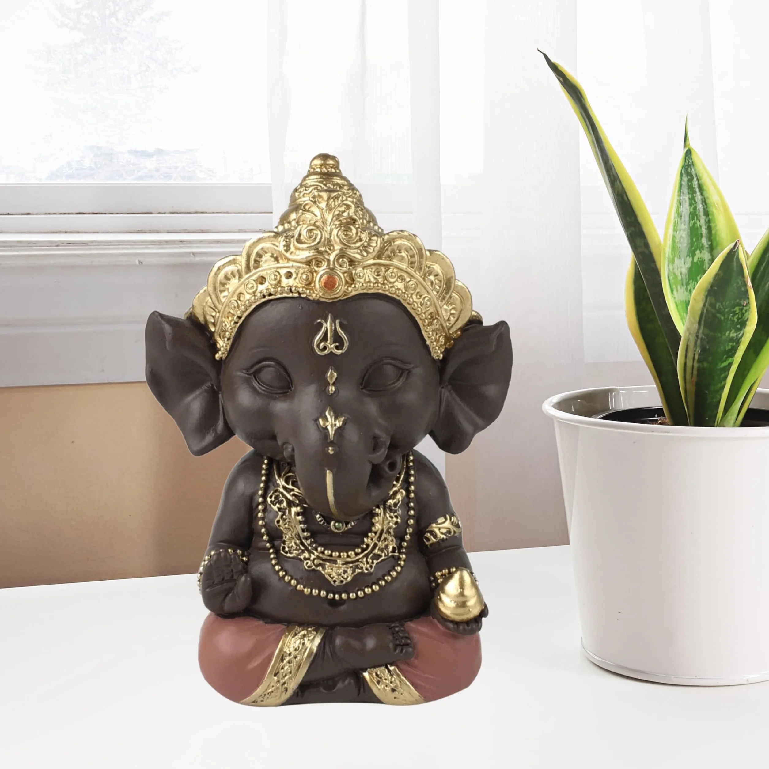 Statuette Ganesh Porte Bonheur Décoration Zen Feng Shui 11,5cm Vert Marron Zen’Light