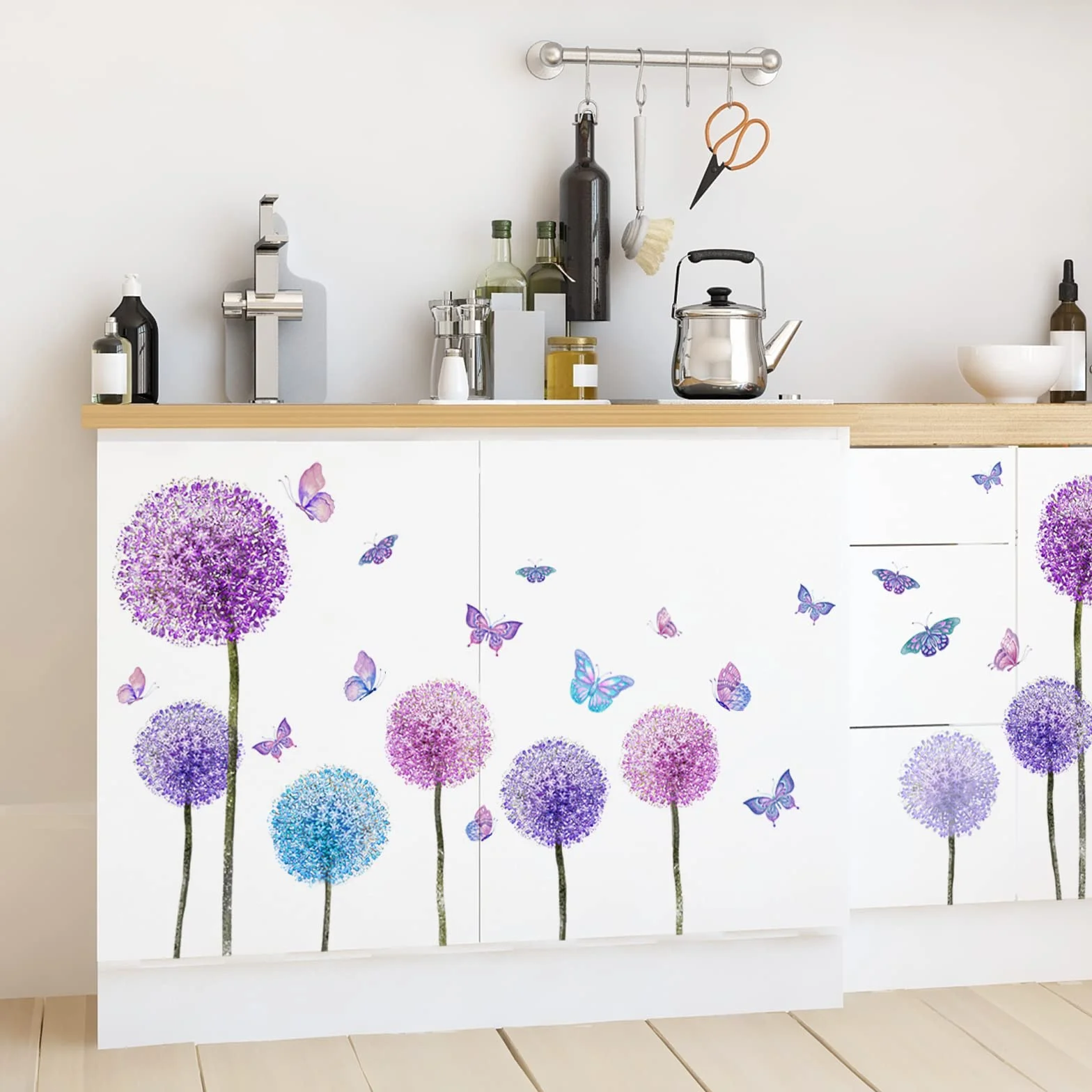 Stickers Muraux FLEURS de PISSENLIT violets 110x62 cm Autocollant Mural Fleurs Pastel Lilas Plantes Déco Murale Chambre