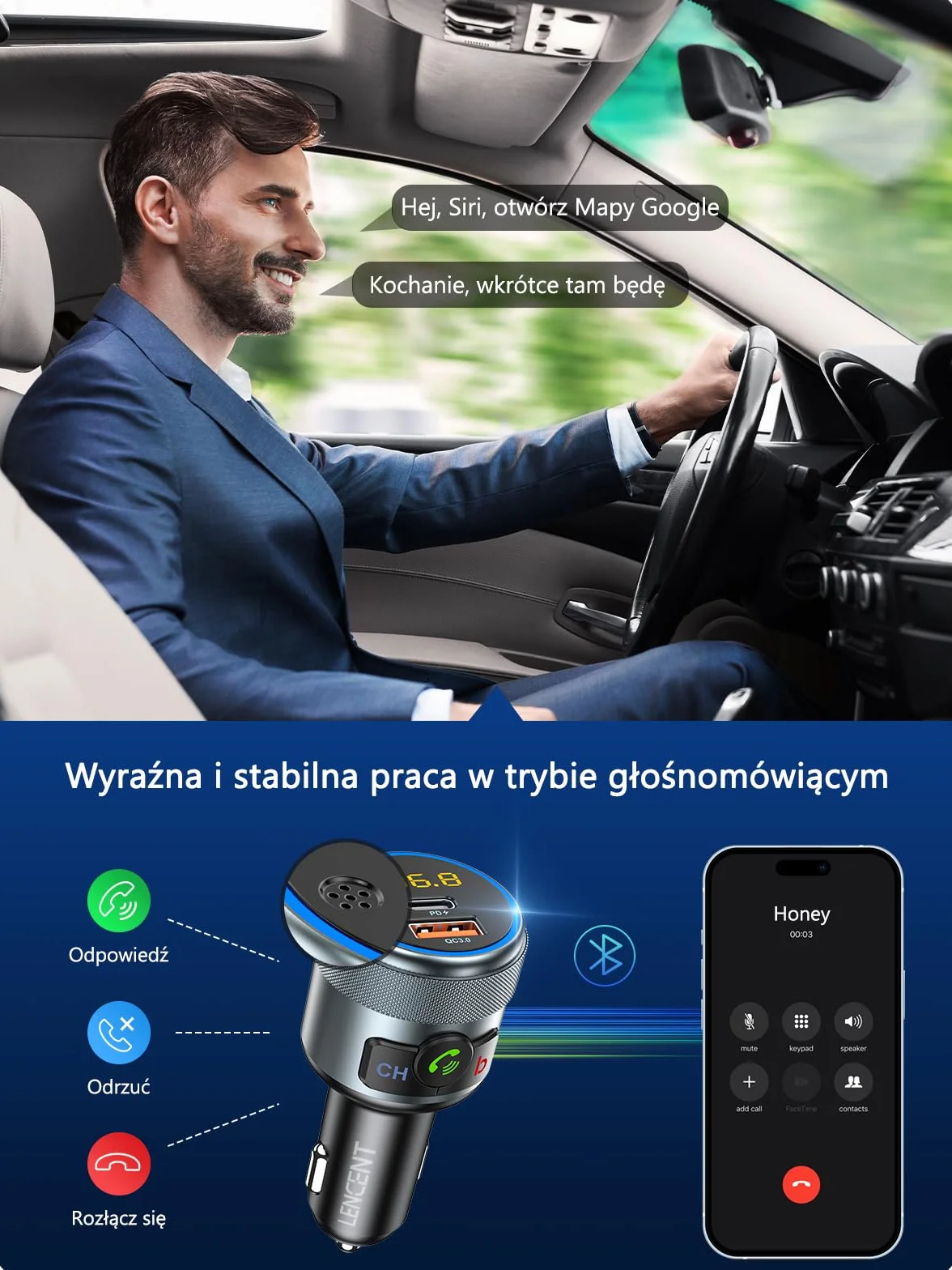 LENCENT 5.1 Samochodu Nadajnik FM Bluetooth, Bezprzewodowy Adapter Radiowy z PD3.0 USB-A i QC3.0USB-C ładowarka Fast USB, Zestaw Głośnomówiący, Odtwarzacz Stereo MP3, Hi-Fi, Kolorowe Podświetlenie LED