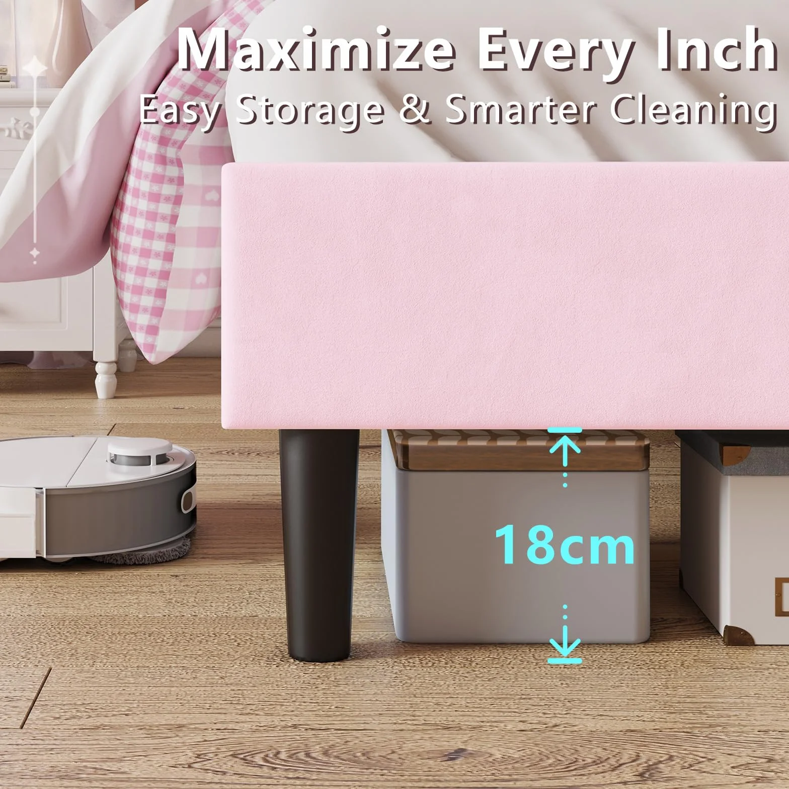 LUXOAK Cadre de lit 90 x 200 cm pour Fille, avec tête de lit en Forme de Nuage réglable, revêtement en Velours, éclairage RGB, Espace de Rangement de 18 cm sous Le lit, sans sommier, Couleur Rose