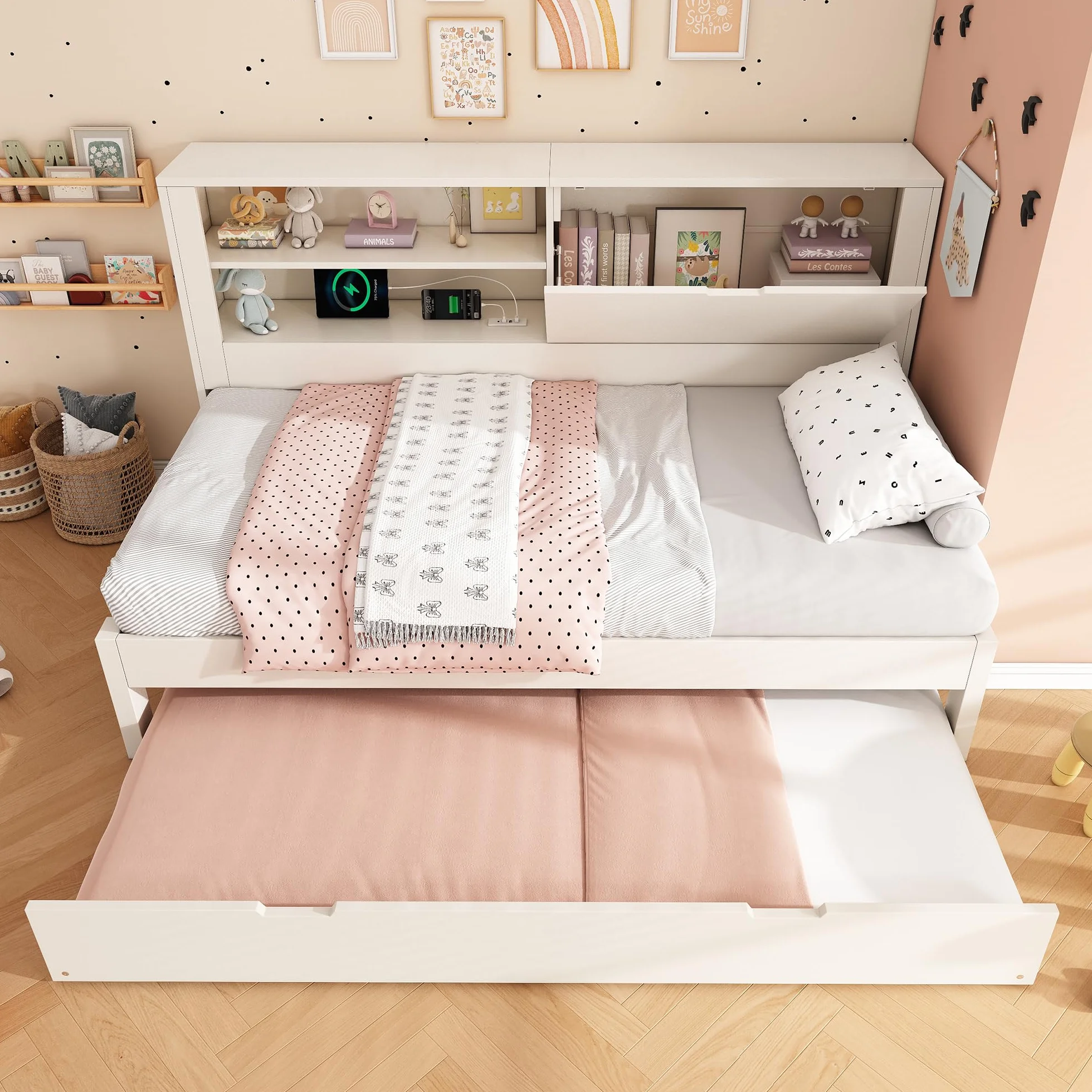 Zepneiy Lit 90x200 avec gigogne 90x190, Canapé lit avec Panneau arrière de Rangement et Compartiment Ouvert, Lit Enfant avec Station de Charge USB-C et sommier à Lattes, Blanc(sans Matelas)