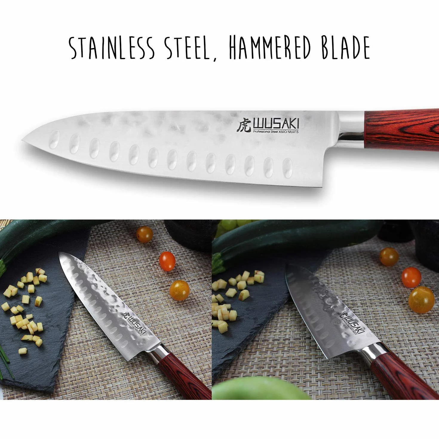 Wusaki Pakka X50 Couteau Santoku lame 17cm acier inox martelé, manche en Pakkawood - Vendu dans un coffret noir