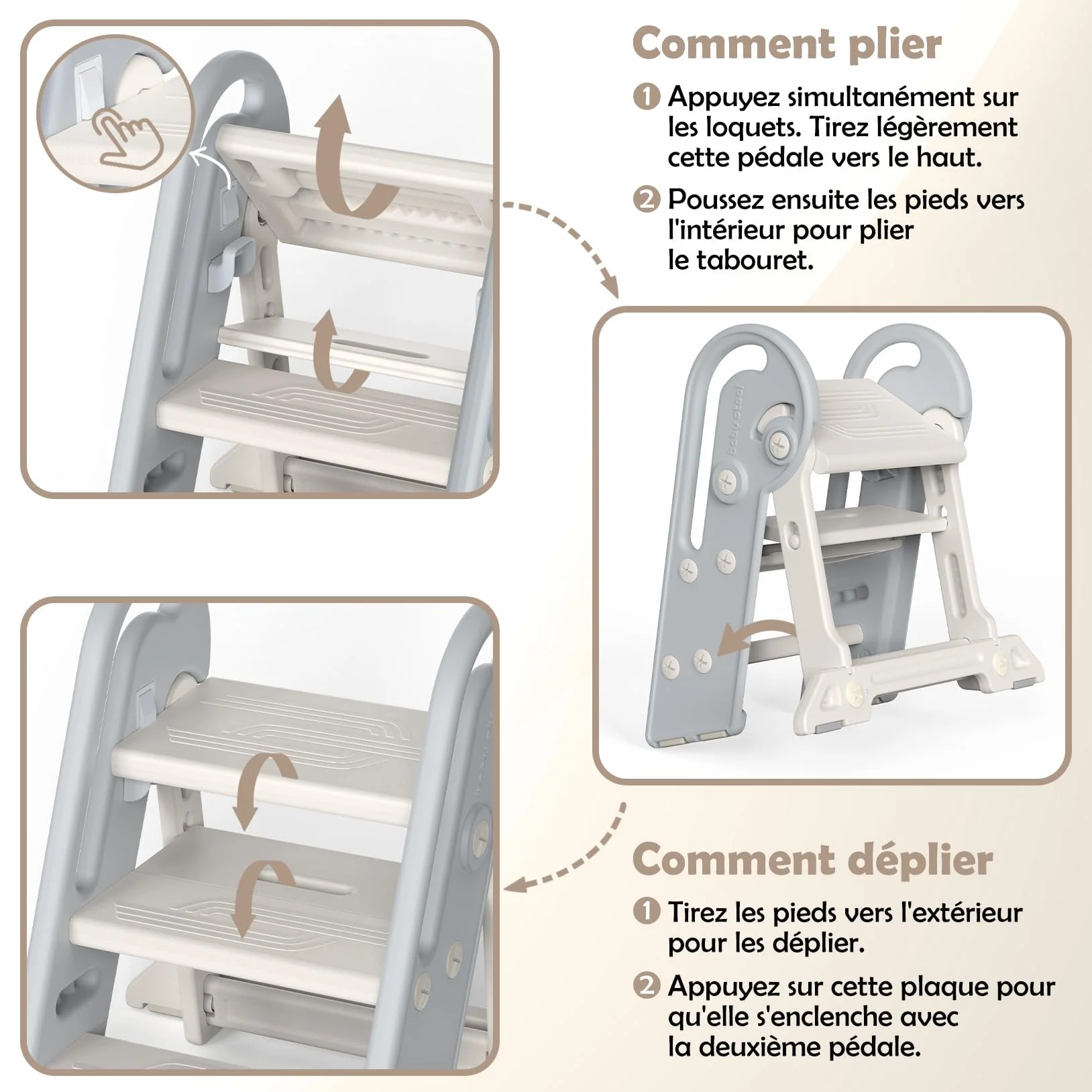 Marche Pied Pliable pour Enfant, Marchepied à Hauteur réglable, Multifonction, Marche Pied Toilette Enfant de la propreté avec poignées, Cadeaux pour garçons et Filles de 1,5 à 8 Ans-Gris Blanc