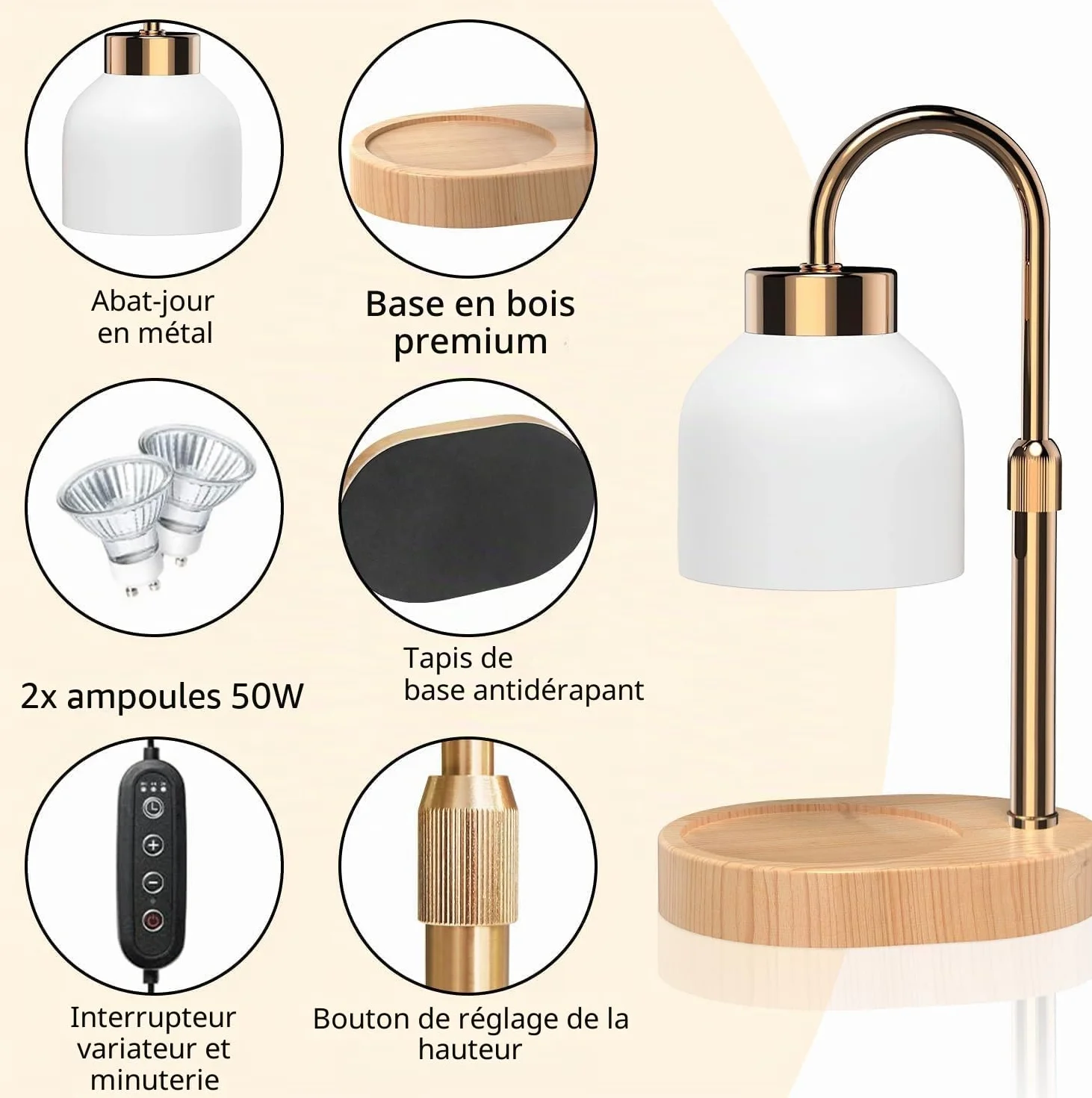 Loowoko Lampe Chauffe Bougie, Chauffage Bougie avec Minuterie et Variateur,Réglable en Hauteur,avec 2 Ampoules,Candle Warmer Lamp pour Bougies Parfumées en Verre, Maison, Chambre, Décoration