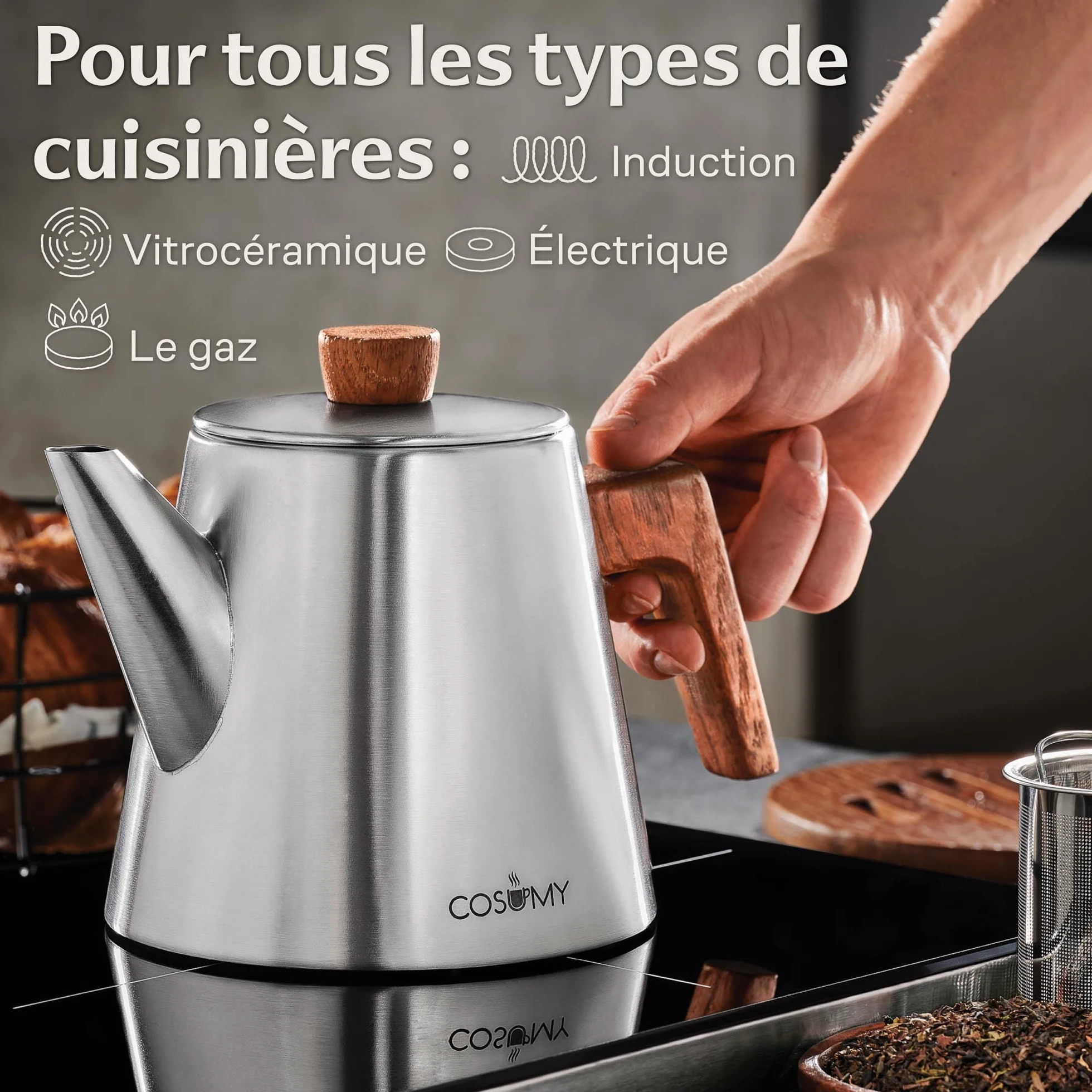 Cosumy Théière avec Filtre et Sous-Verres 1,2 litre - Bouilloire Pour induction et autres plaques de cuisson - Acier Inoxydable et Bois FSC