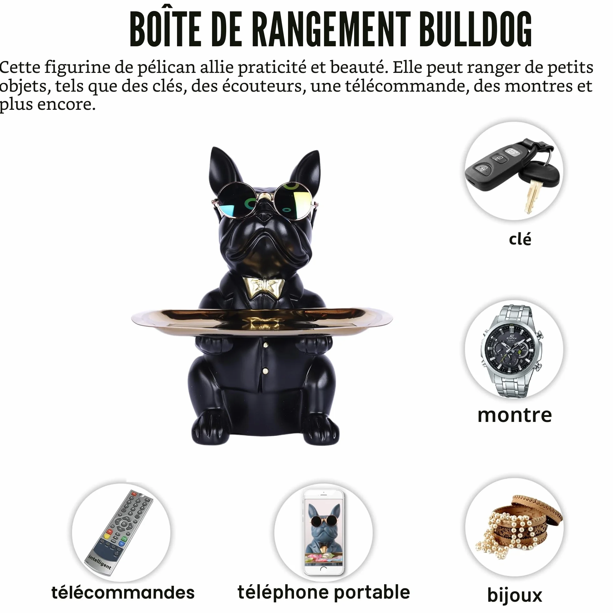 Bouledogue Statue Chien Plateau Décoratif Résine Clés Rangement Décoration Maison Moderne (Noir)
