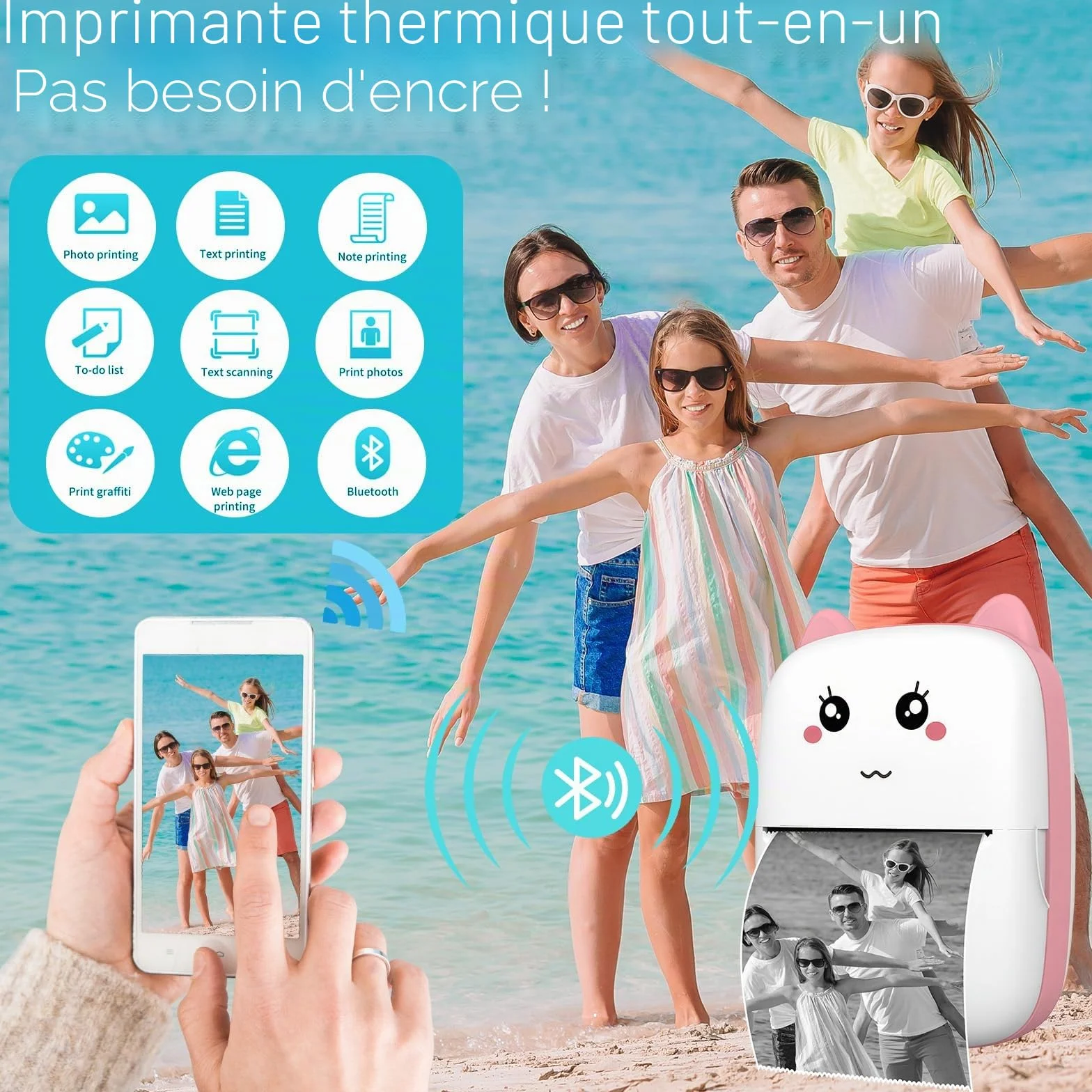 Mini Imprimante Photo Thermique Portable Bluetooth sans Encre iOS Android, Imprimante de Poche Bleu