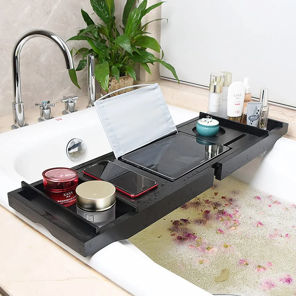 Support pour Serviette de Bain, Verre à vin, étagère de Lecture, Support pour Tablette,Plateau Extensible pour Salle de Bain, Plateau de Baignoire en Bambou Naturel, 70-105cm